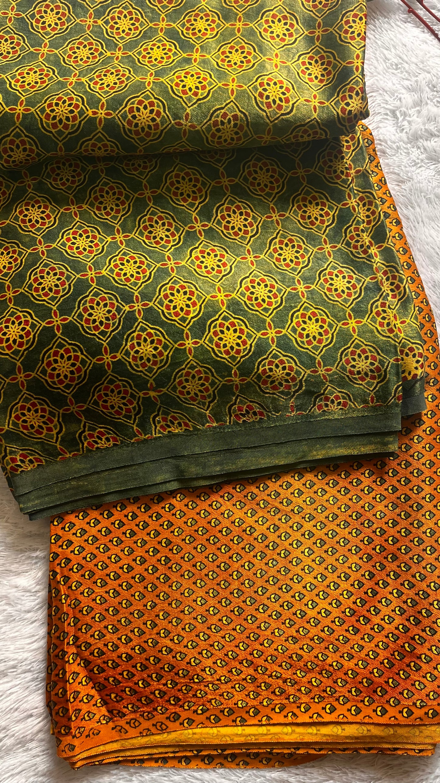 Green and Yellow Jaal Motif and Asopallav Ajrakh Mashru Silk Kurta Pant Fabric