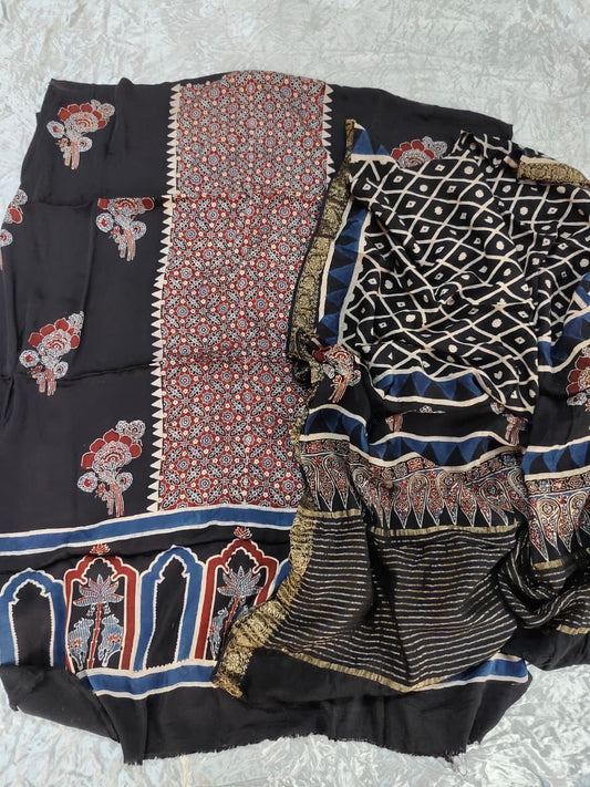 Black Phool and Jharokha Motif Modal Silk Ajrakh Natural Dyed Hand Block Print 2pc Suit Material Set with Dola Silk Dupatta