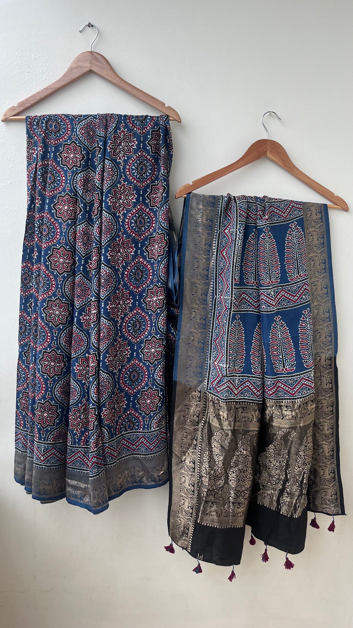 Blue Badaam Buta Motif Ajrakh Hand Block Dola Silk Saree with Zari Pallu (With Blouse)