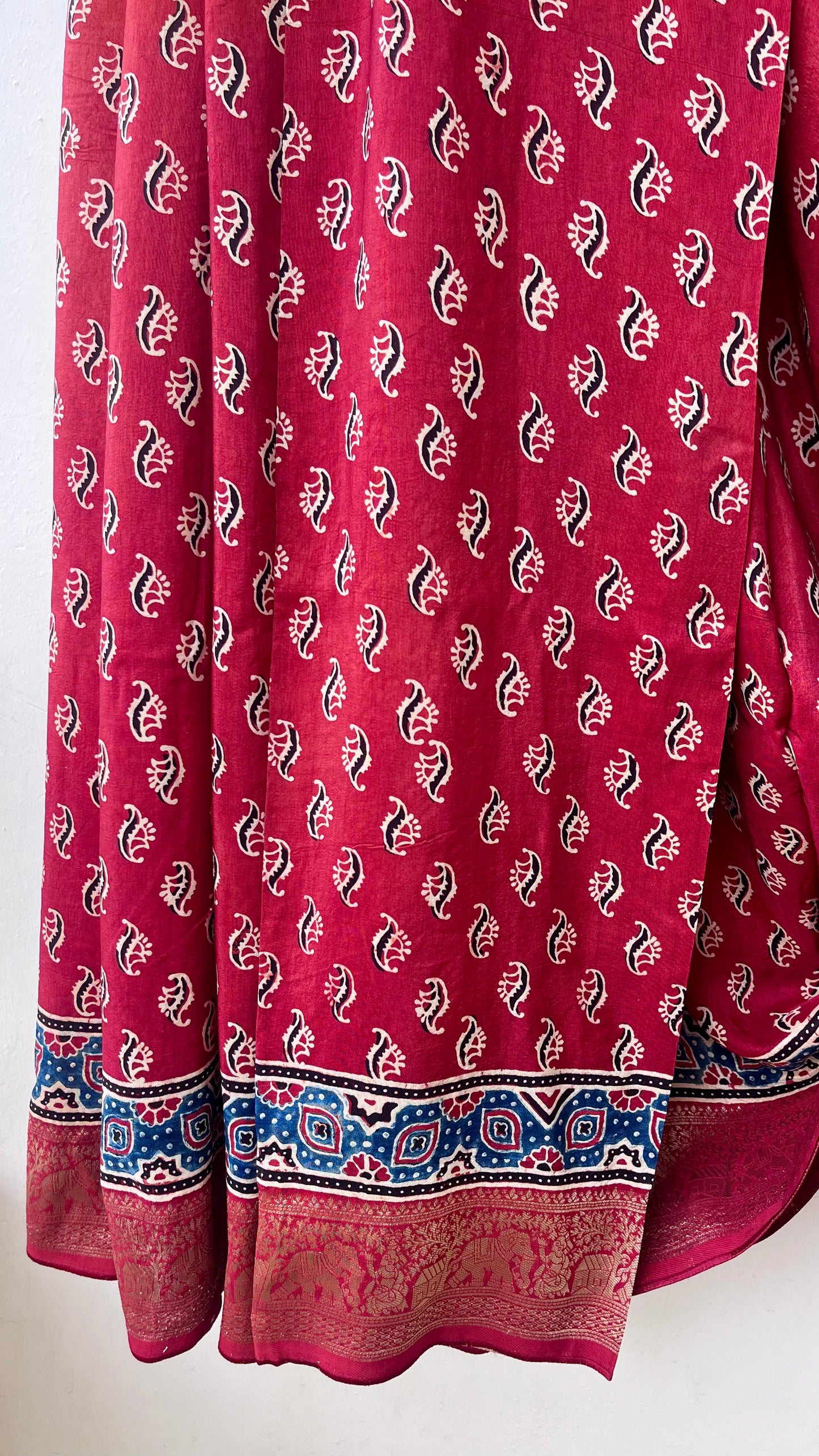 Red Small Flower Buta Motif Ajrakh Hand Block Dola Silk Saree with Zari Pallu (With Blouse)