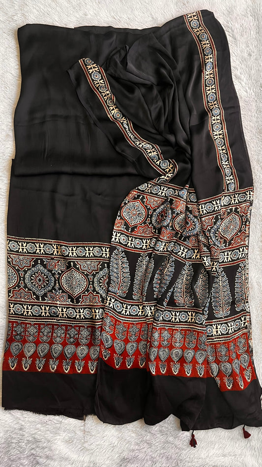 Viral Black Patti Motif Ajrakh Hand Block Print Modal Silk 2pc Suit Material Set