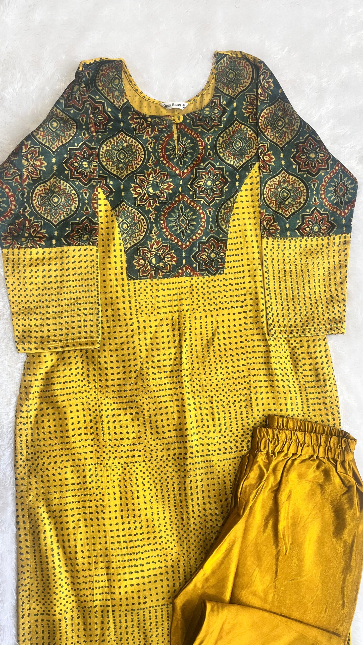 Yellow and Green Mashru Silk Ajrakh Hand Block Print Kurta Pant Set