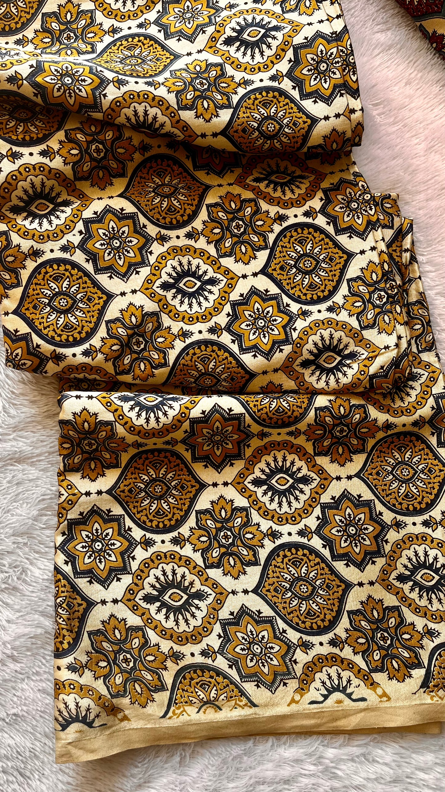 Cream Shade Badaam Buti Motif Ajrakh Mashru Silk fabric