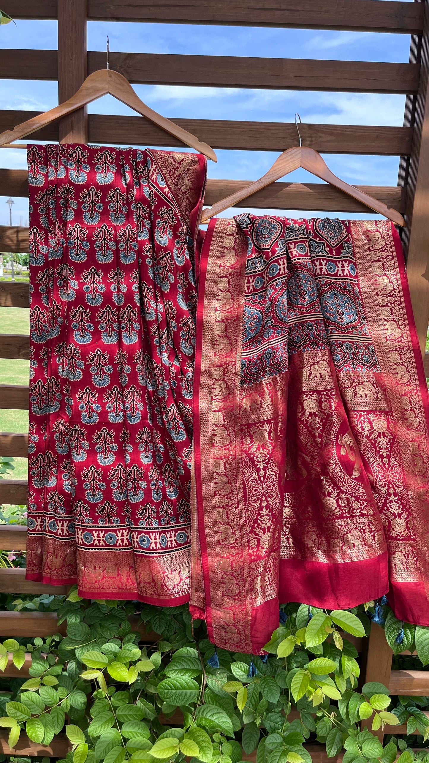 Red Asopallav Buta Motif Ajrakh Hand Block Dola Silk Saree with Zari Pallu (With Blouse)