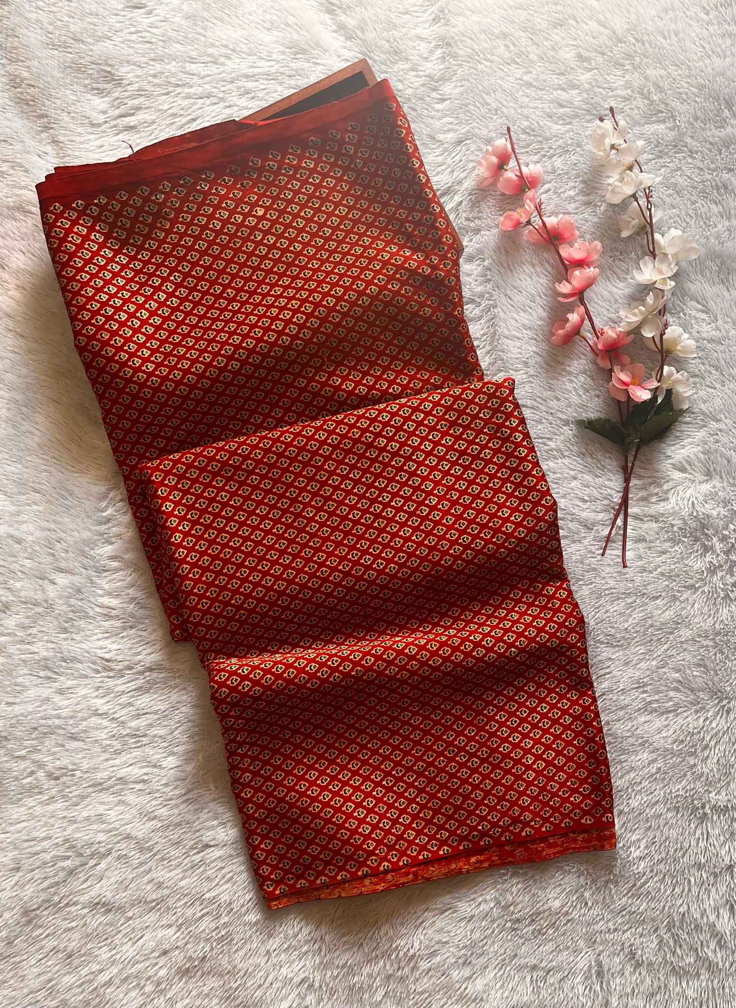 Red Shade Small Buti Motif Ajrakh Mashru Silk Fabric