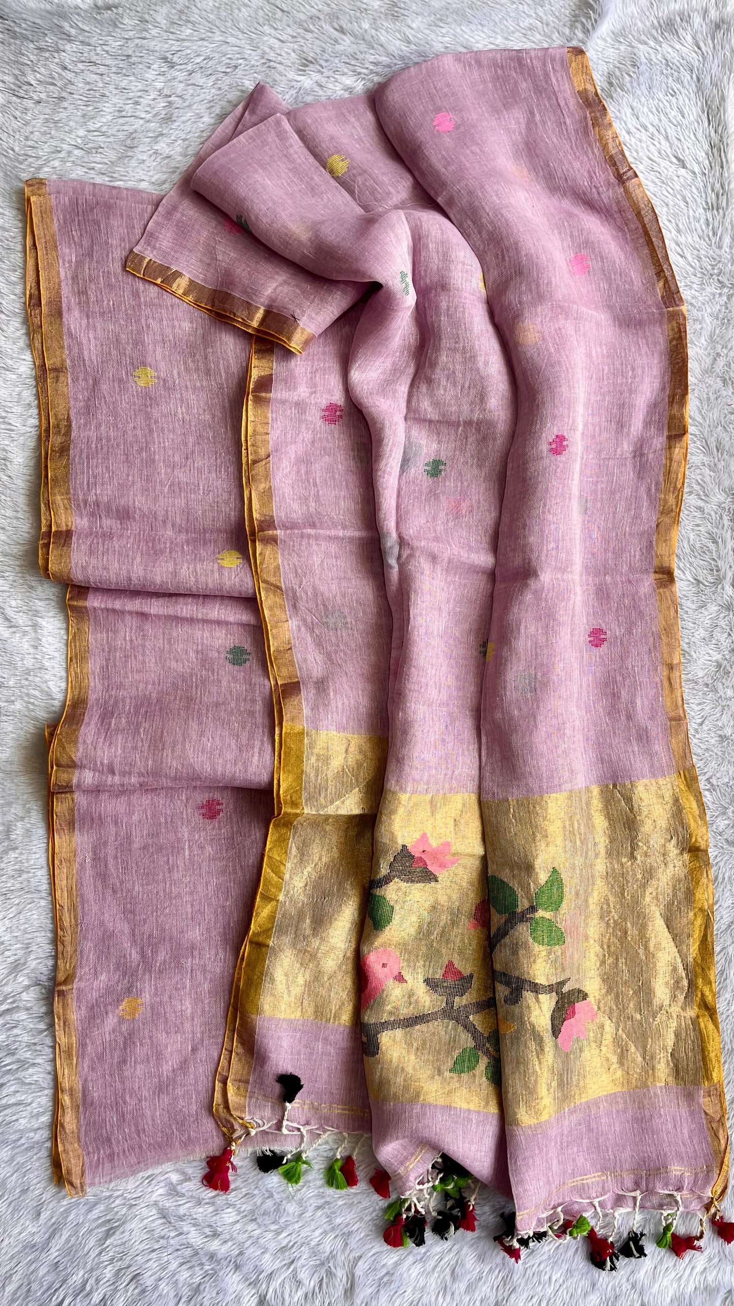 Rose Pink Paithani Unstitched Pure Linen on Linen Hand Woven Daman 2 pc Suit Set
