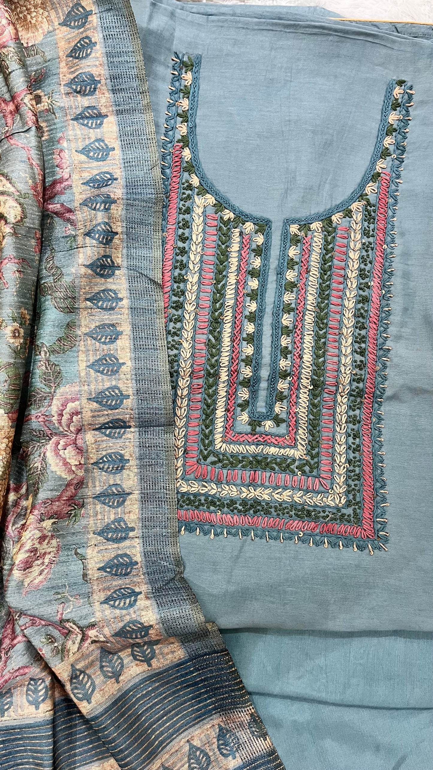 Light Blue Linen Unstitched 3 pc Suit Set with Hand Embroidery on Yoke and Raw Silk Digital Print Dupatta