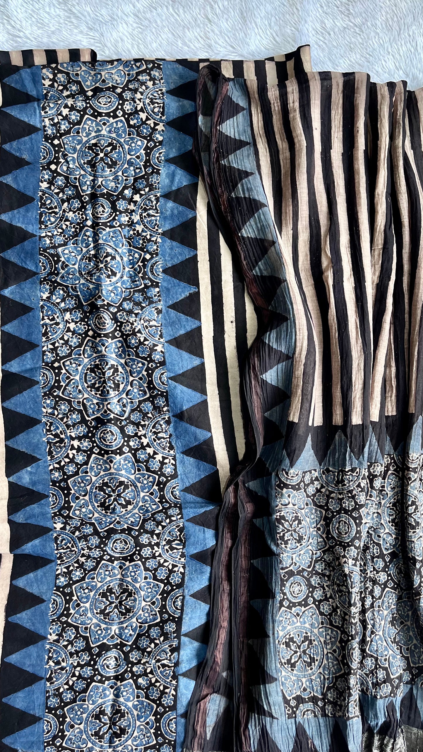 Indigo Dhaaridar Chanderi Silk 2pc Suit Set with Mirror-work and Kantha Work Dupatta