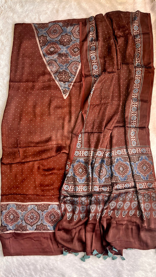 Warm Caramel Shade Modal Silk Ajrakh Hand Block 2 pc Suit Set with Modal Silk Dupatta