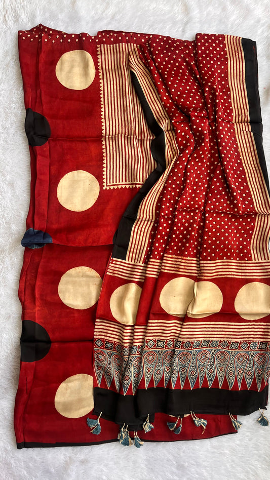 Black and White Polka Motif on Maroon Modal Silk Ajrakh Hand Block 2 pc Suit