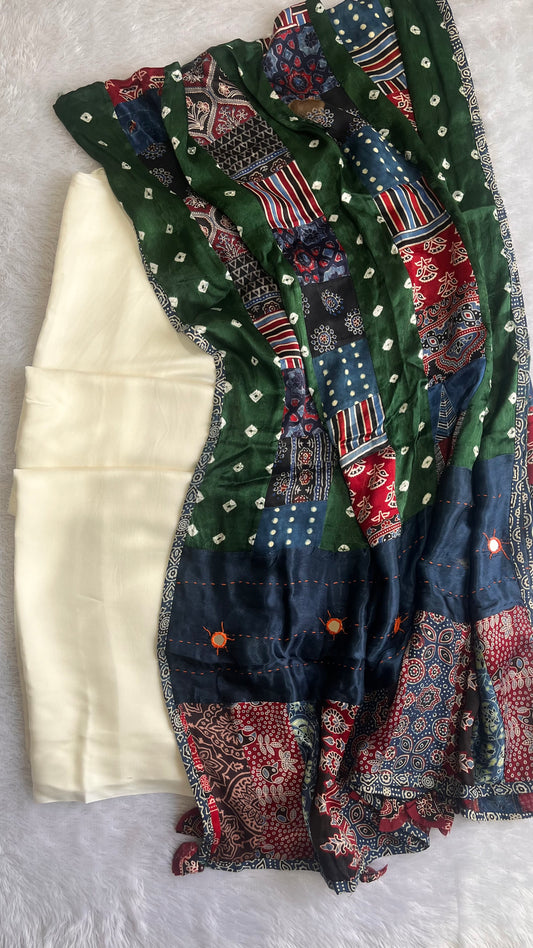 Off White Solid Shade Modal Silk Suit Material with Green Modal Silk Applique Work Dupatta