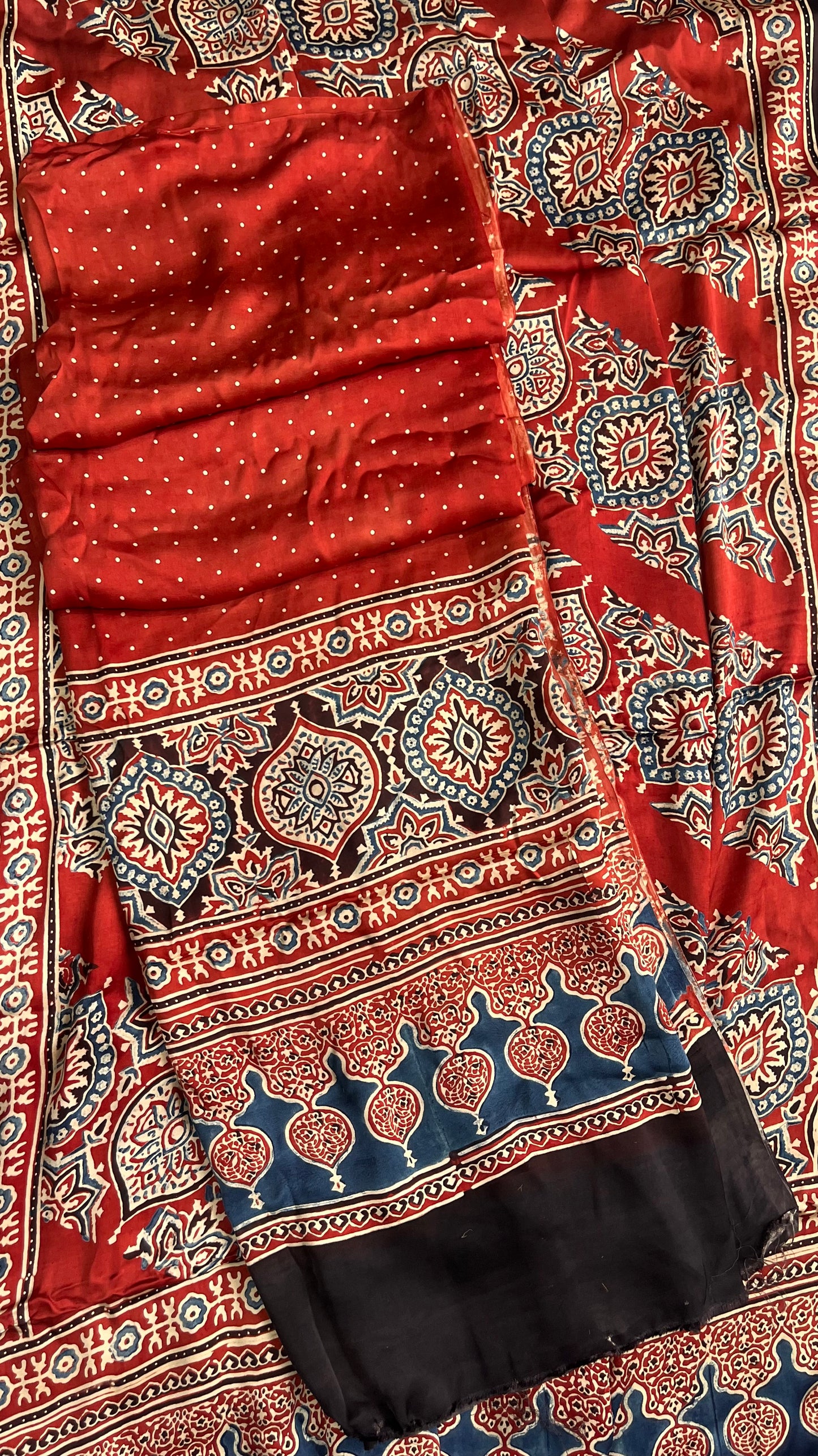 Maddar Red Buta Print Modal Silk Ajrakh Natural Dyed Hand Block Print 2pc Suit Material Set
