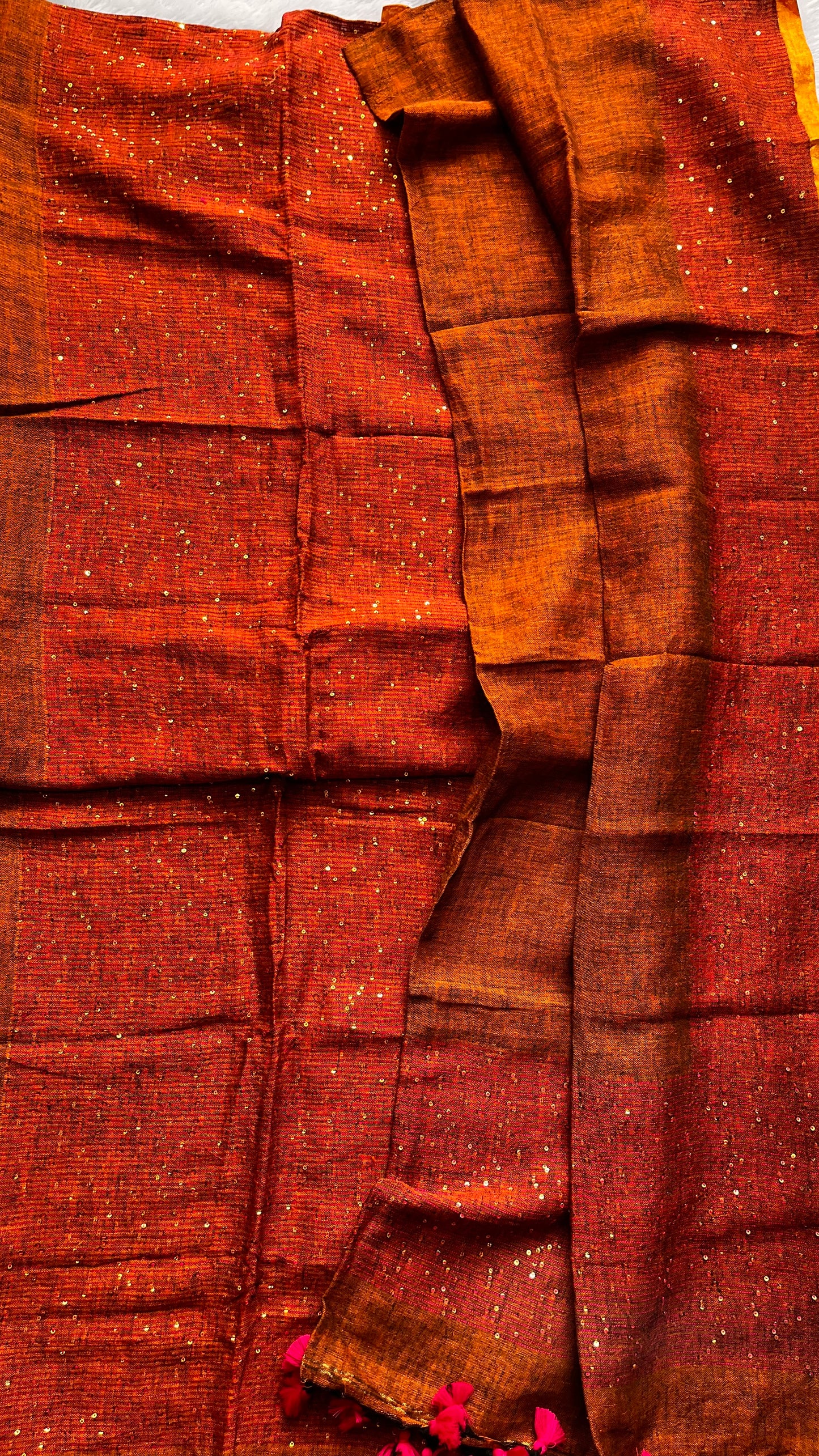 Dark Cocoa Shade Pure Linen on Linen Hand Woven Suit Set with Sequins Work and Tassels