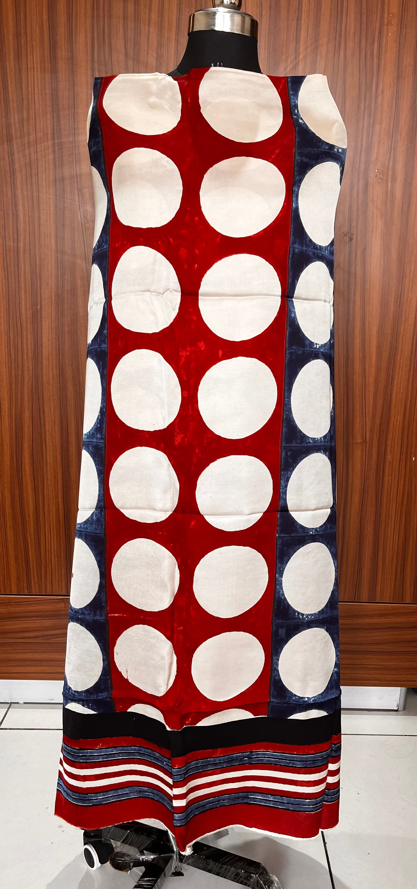 Red and Blue Circle Buta Motif Modal Silk Ajrakh Hand Block Print Designer Unstitched Fabric (Kurta Only)
