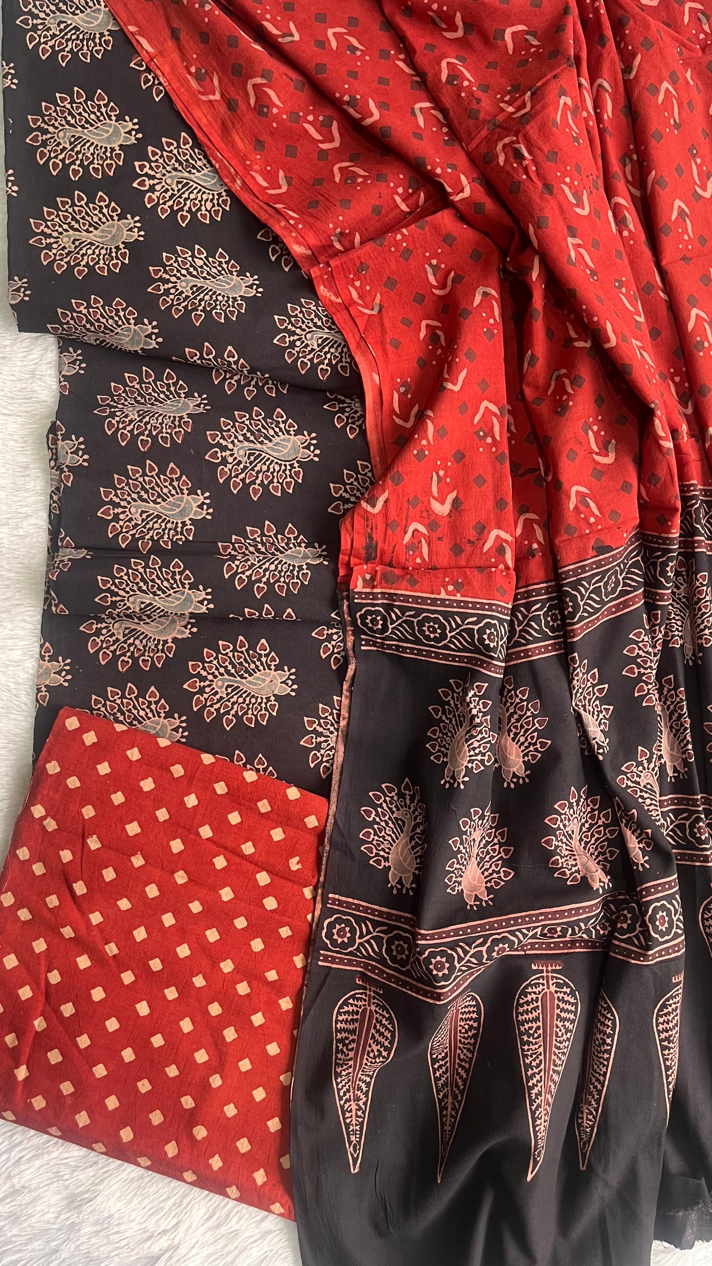 Black Mor Booti Motif Ajrakh Unstitched Pure Cotton Suit Set with Cotton Dupatta