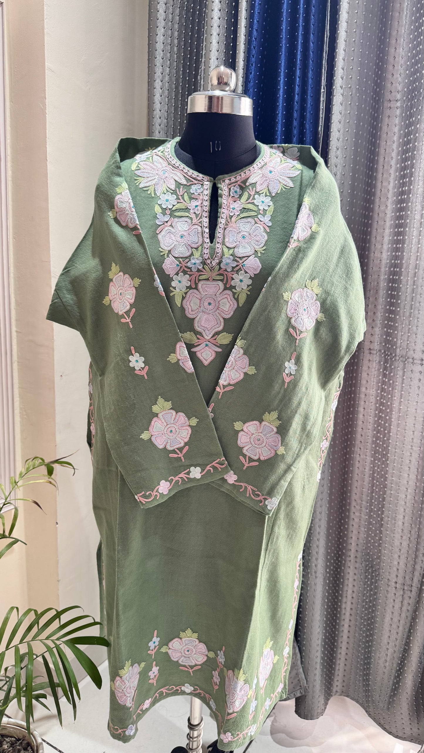Pista Green Hand Embroidered Pure Marino Wool Kashmiri Pheran with Pockets and Hand Embroidered Sleeves (Size 54”)