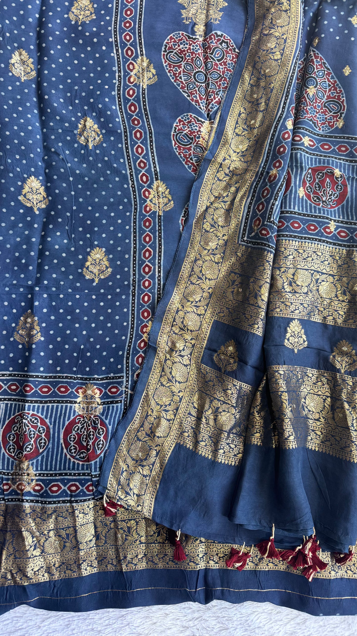 Blue Heart Boota Pure Dola Silk Ajrakh Hand Block Print 2pc Suit Material Set with Zari Yoke and Nakkashi Dupatta