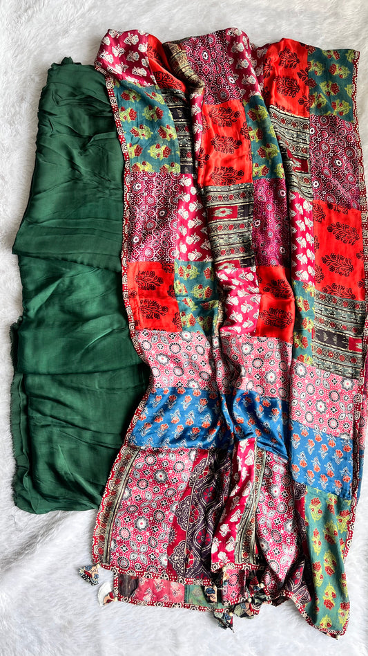 Green Solid Shade Modal Silk Ajrakh Hand Block Print 2pc Suit Material Set with Applique Work Dupatta