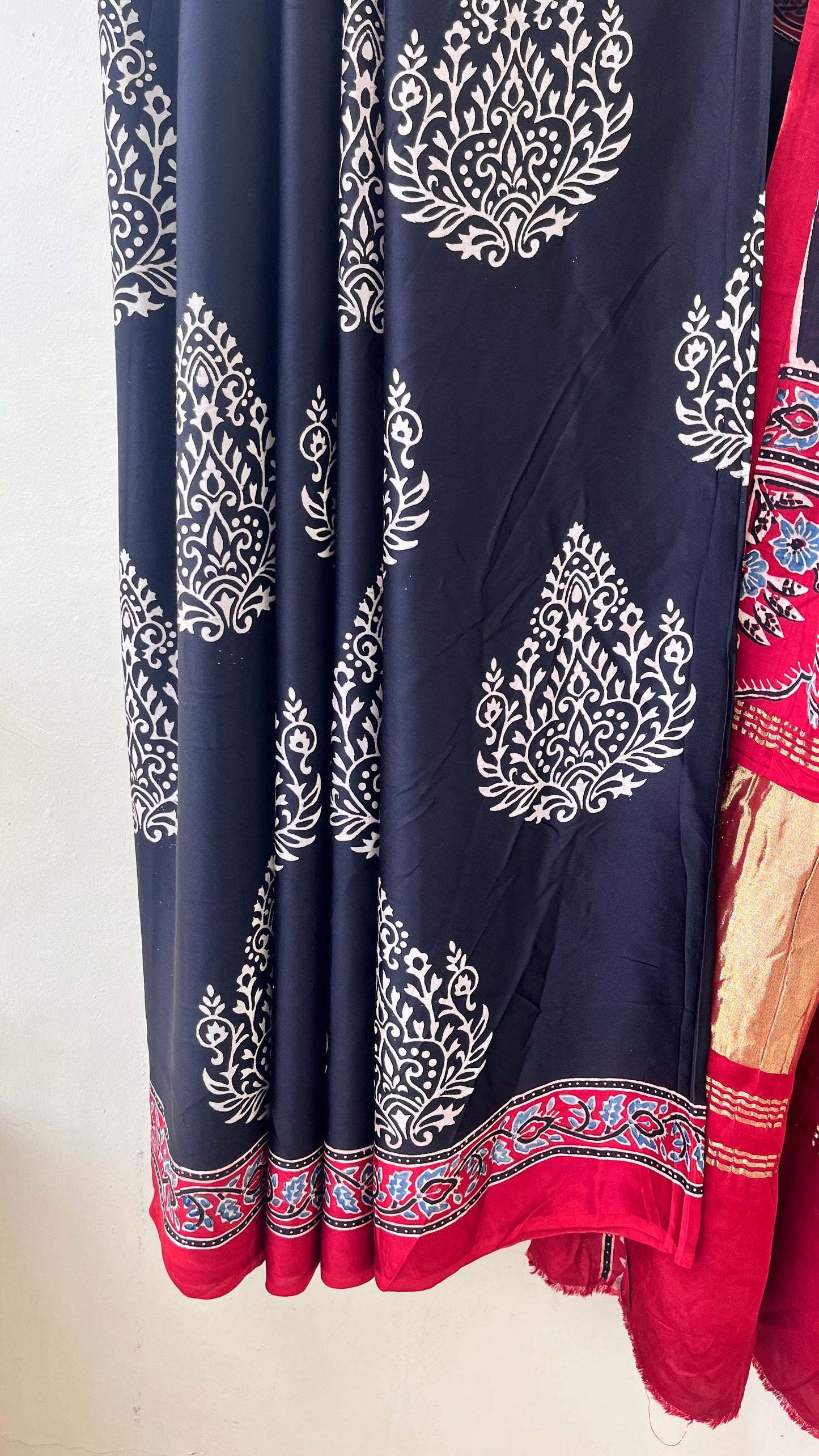Black and Red Big Boota Ajrakh Hand Block Natural Dye Modal Silk Lagdi Patti Saree With Blouse