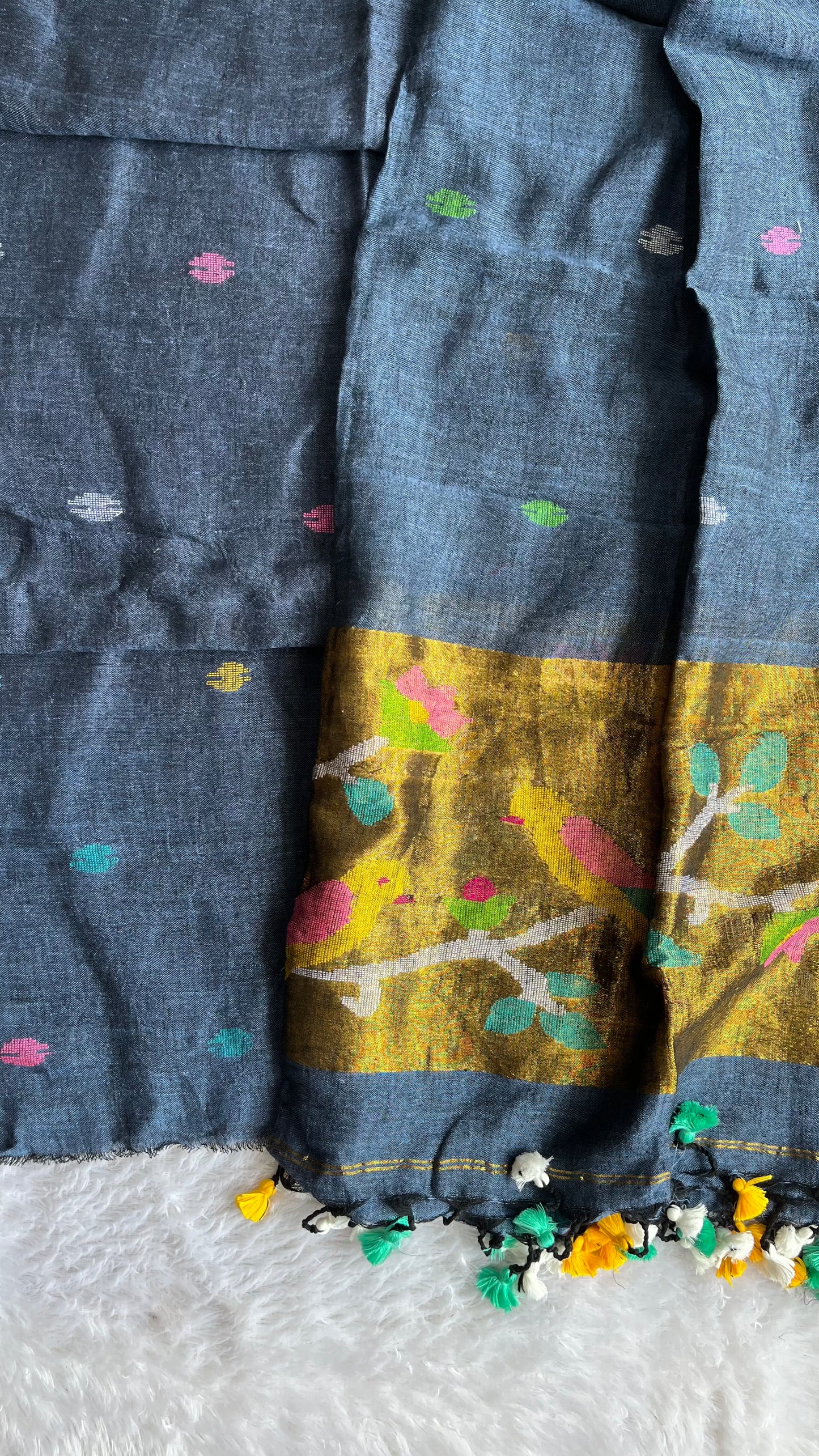 Blue Paithani Unstitched Pure Linen on Linen Hand Woven Daman 2 pc Suit Set
