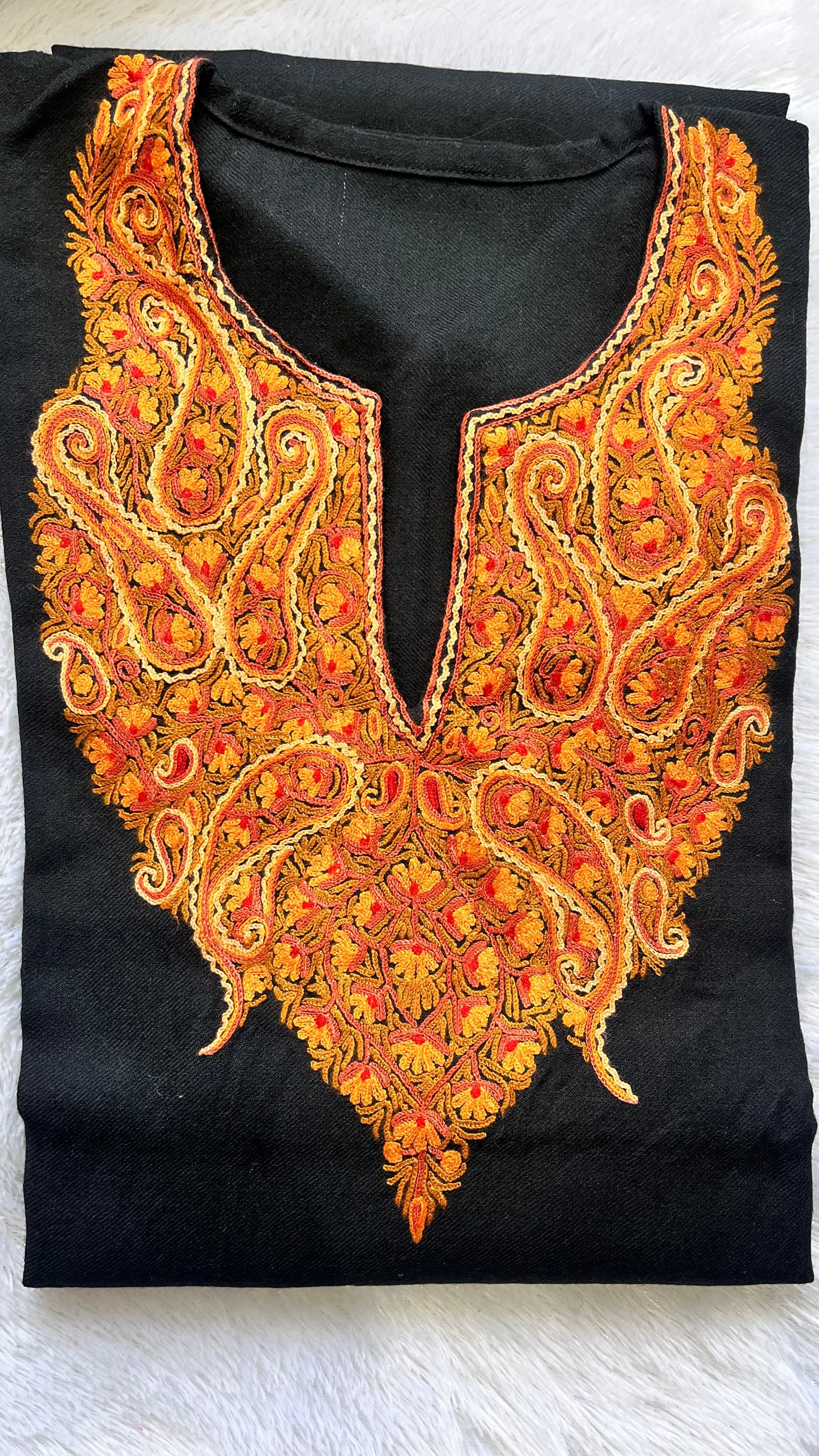 Black and Rust Red Sozni Hand Embroidered Pure Marino Wool Pheran with Pockets