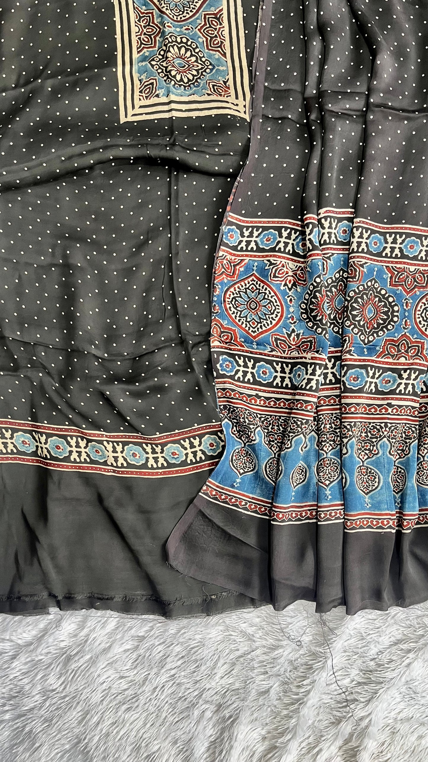 Black Polka Dotted Motif Modal Silk Ajrakh Natural Dyed Hand Block Print 2pc Suit Material Set