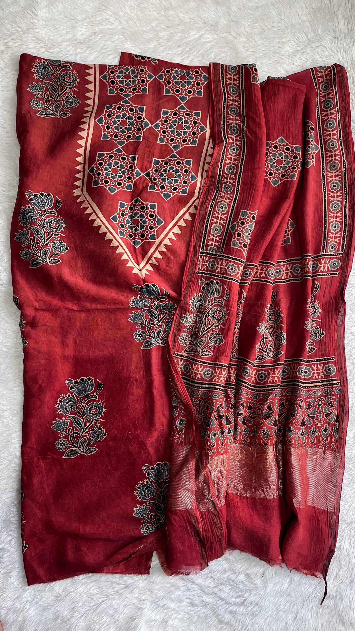 Maddar Red Royal Buta Motif Chanderi Silk Suit set with Ajrakh Hand Block Printing