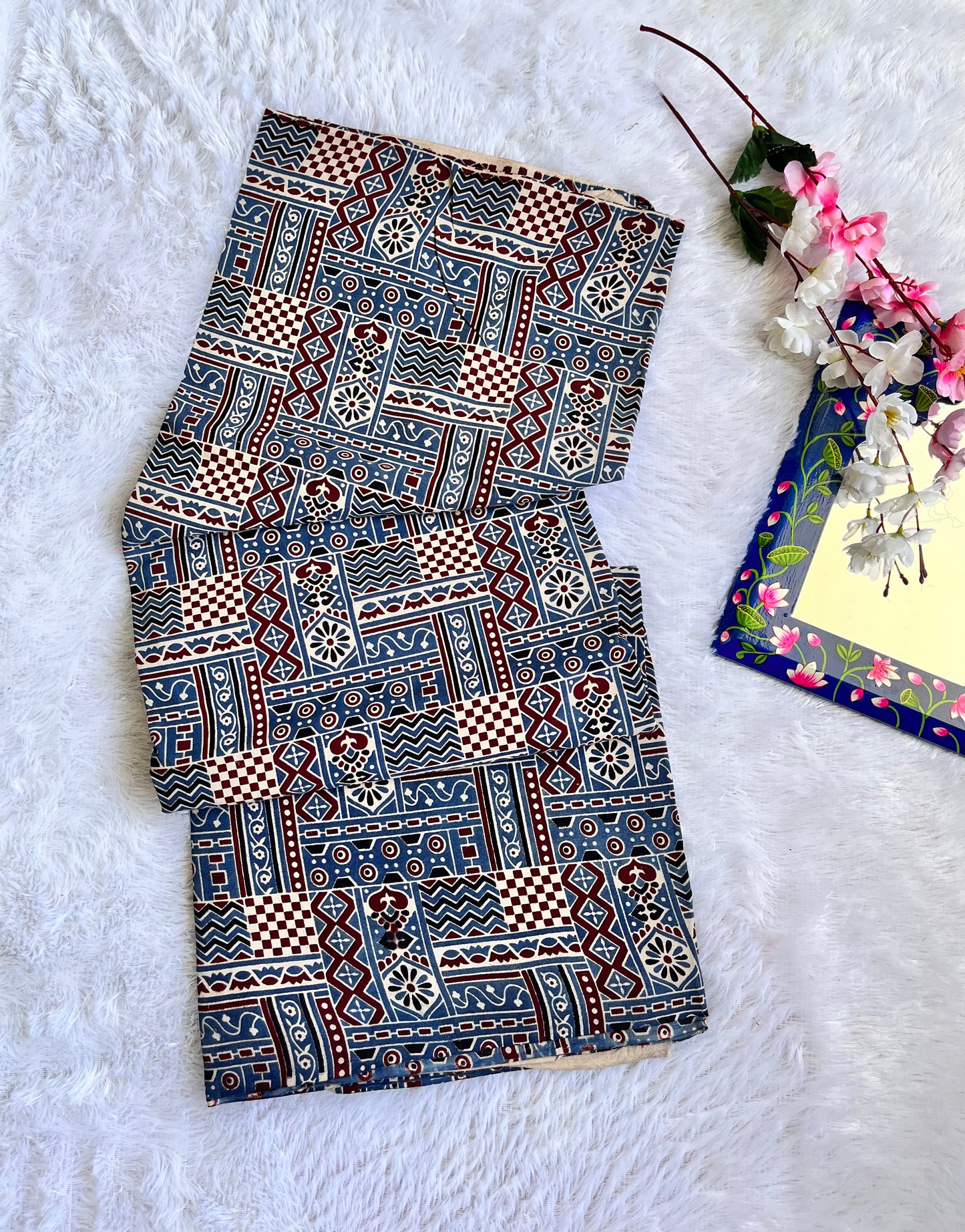 Blue and Black Abstract Motif Ajrakh Pure Cotton Fabric