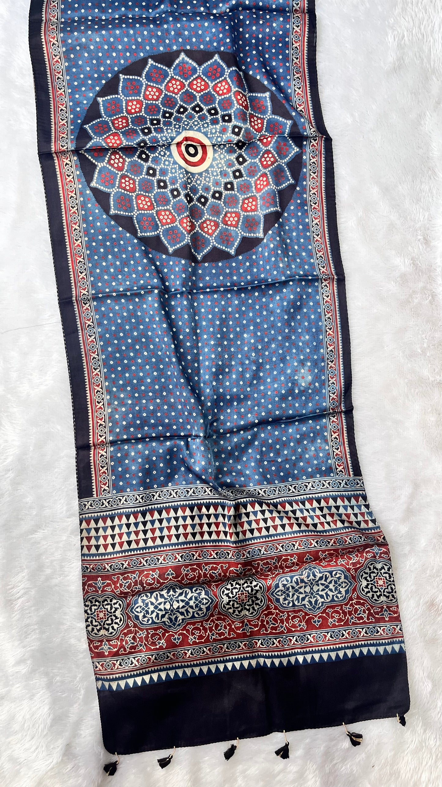 Blue Bandhej Ajrakh Hand Block Print Mashru Silk Stole