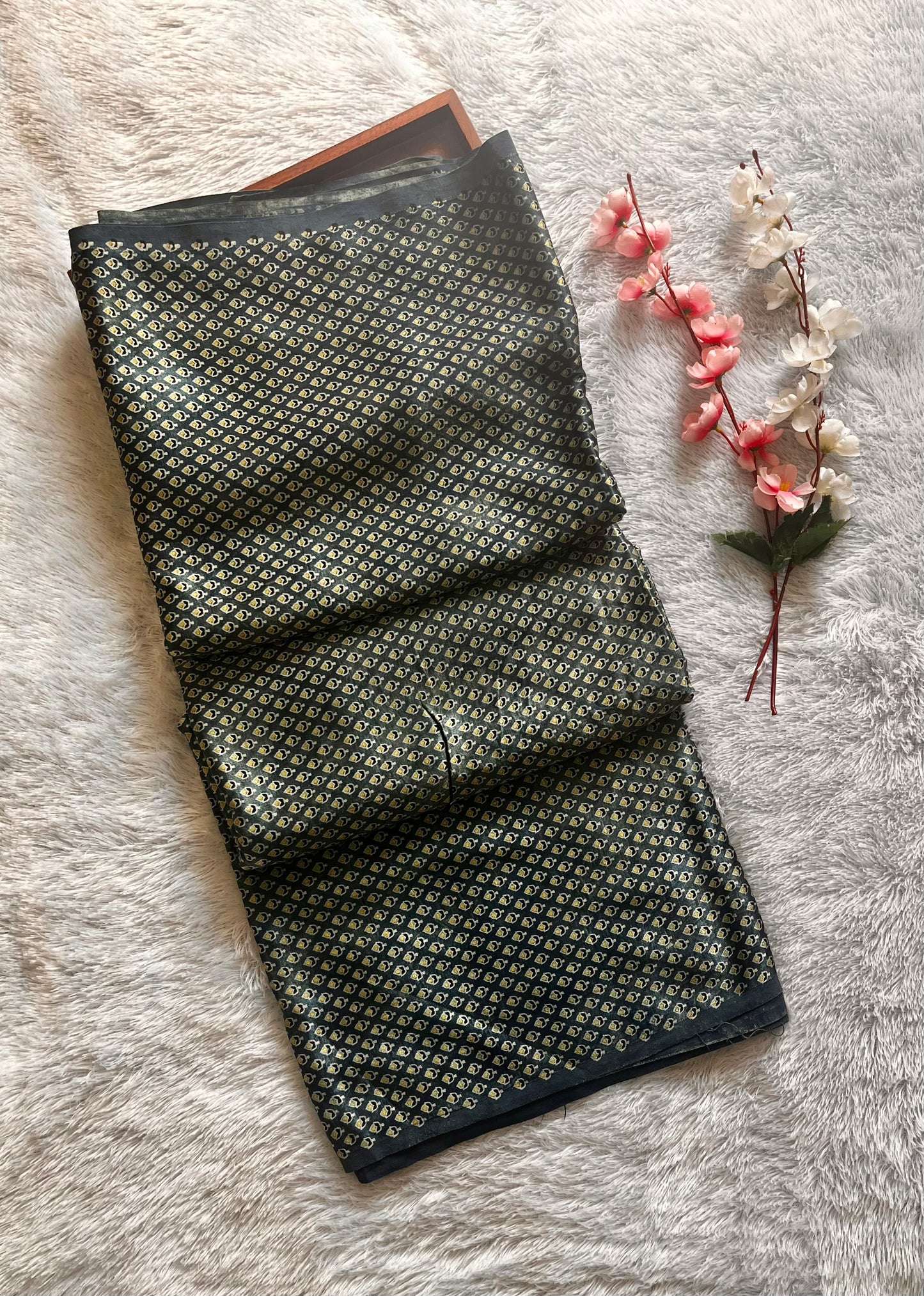 Indigo Shade Small Buti Motif Ajrakh Mashru Silk Fabric