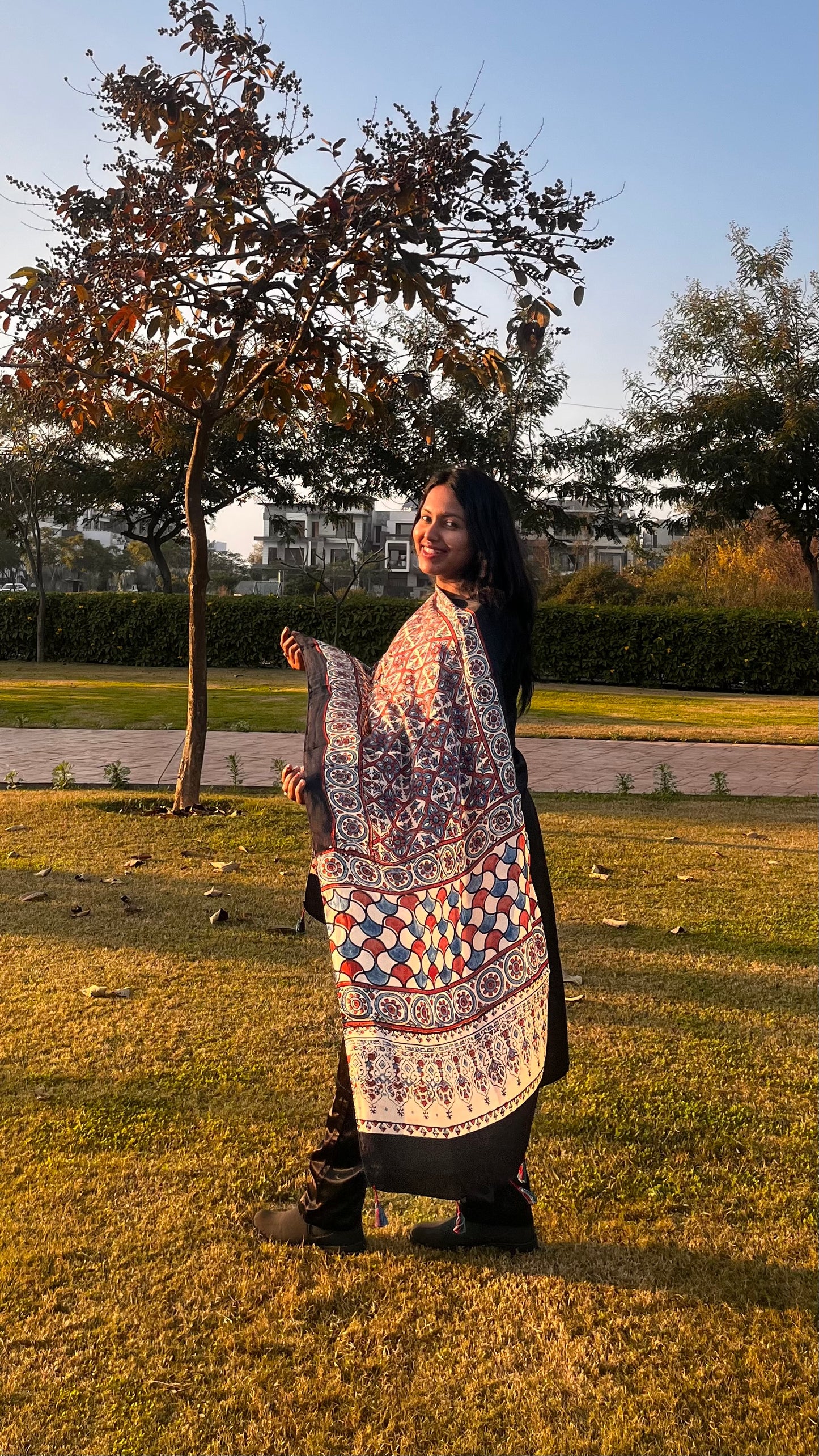Off White and Red Grid Motif Ajrakh Hand Block Print Modal Silk Stole with Tassels