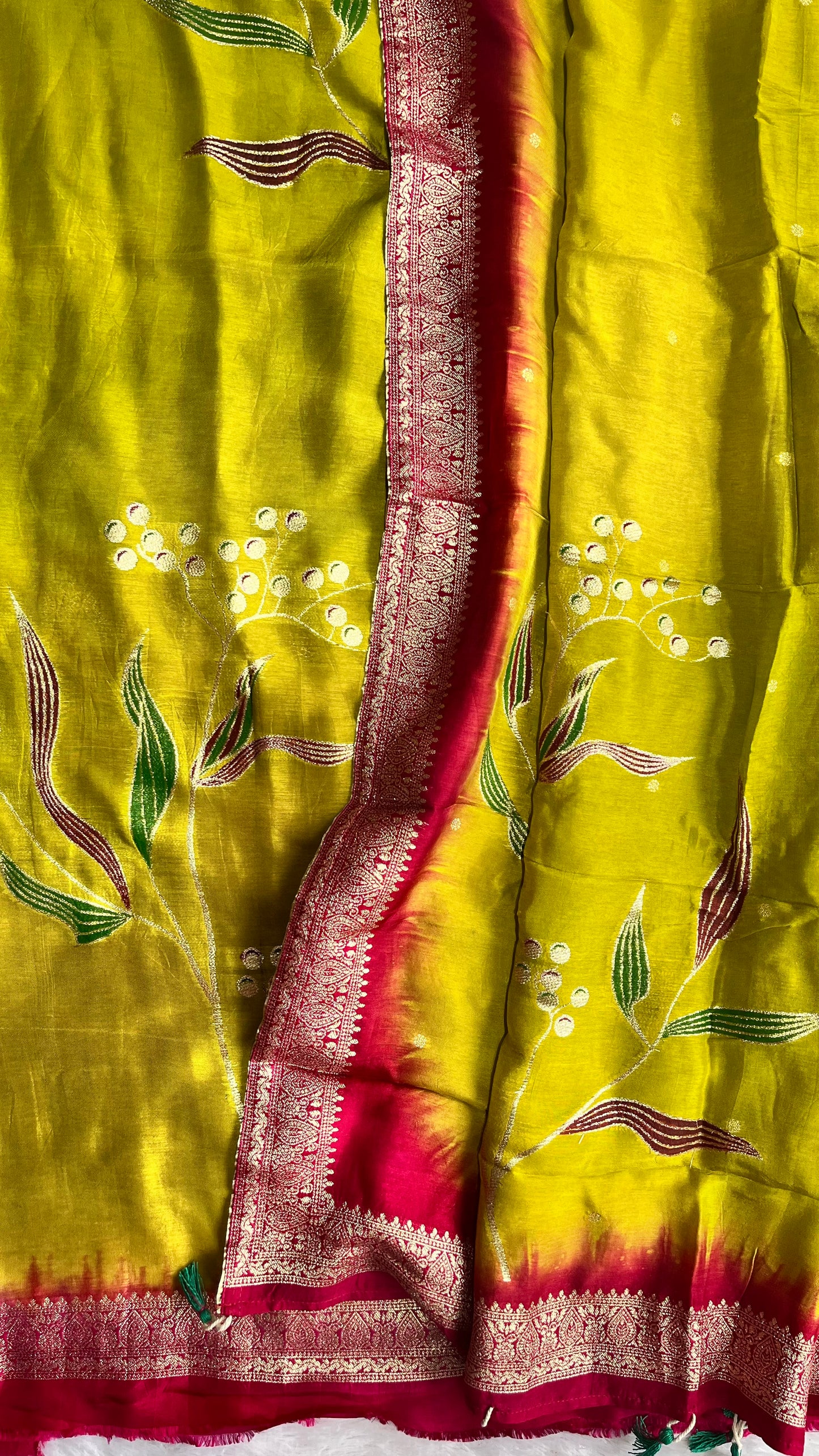 Envious Green Dola Silk Hand Brush Print 2pc Suit Material Set with Zari Pallu and Full Finish with Tassels
