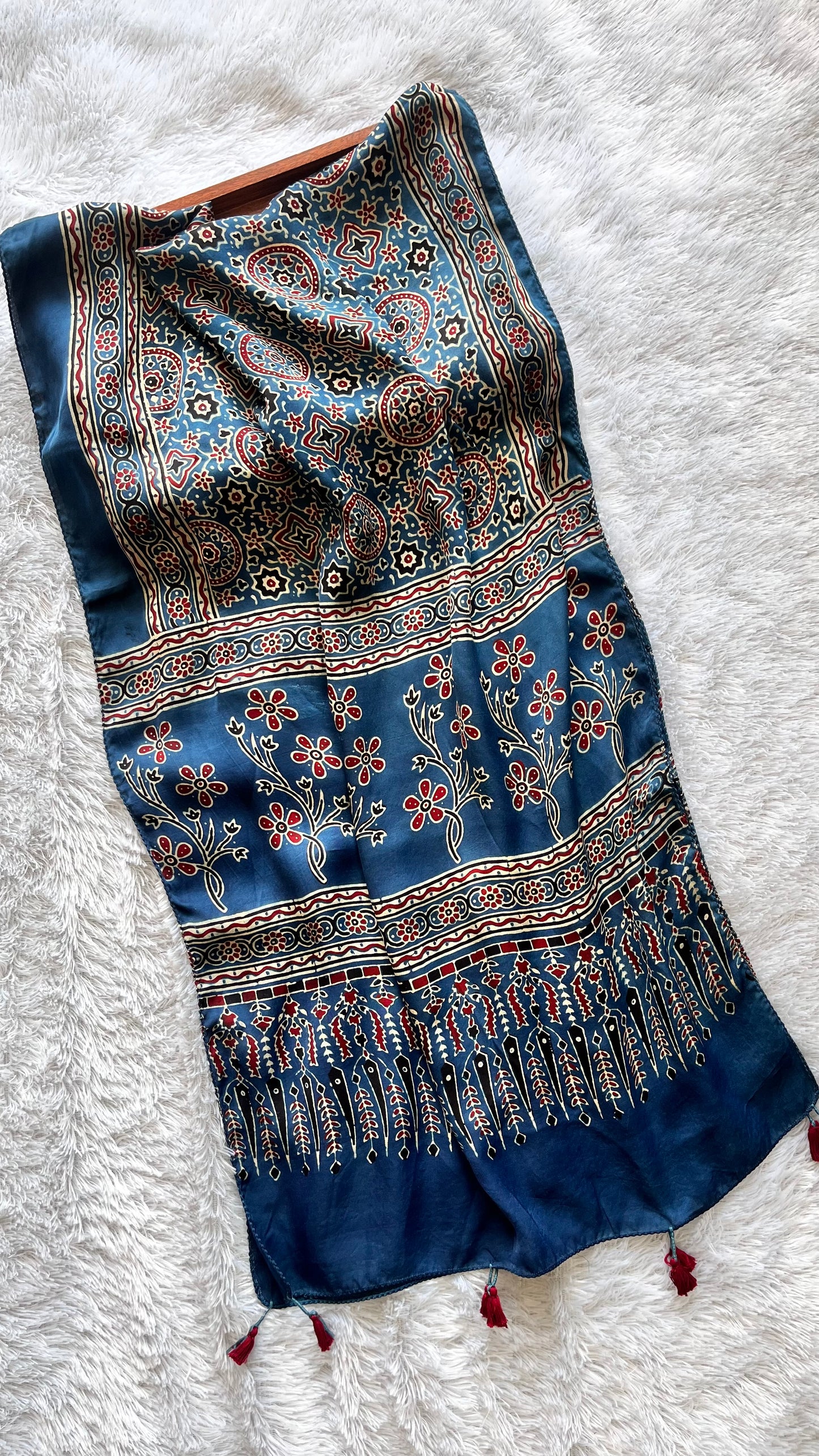 Blue Grid Motif Ajrakh Hand Block Print Modal Silk Stole with Tassels
