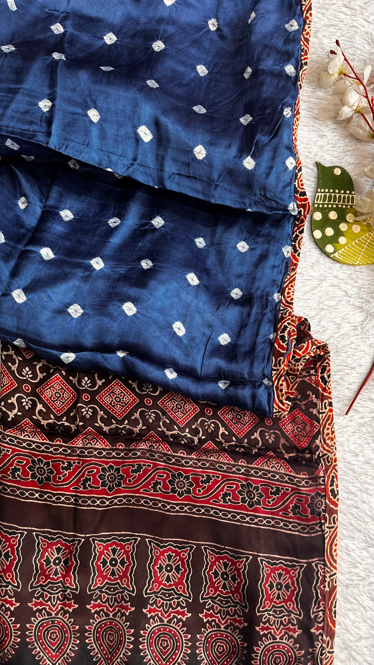 Ink Blue and Maroon Bandhej Print Modal Silk Applique Dupatta with Tassels