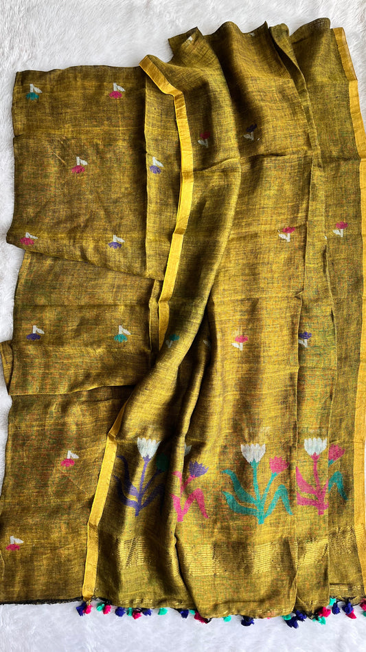 Mehendi Green Paithani Unstitched Pure Linen on Linen Hand Woven Daman 2 pc Suit Set