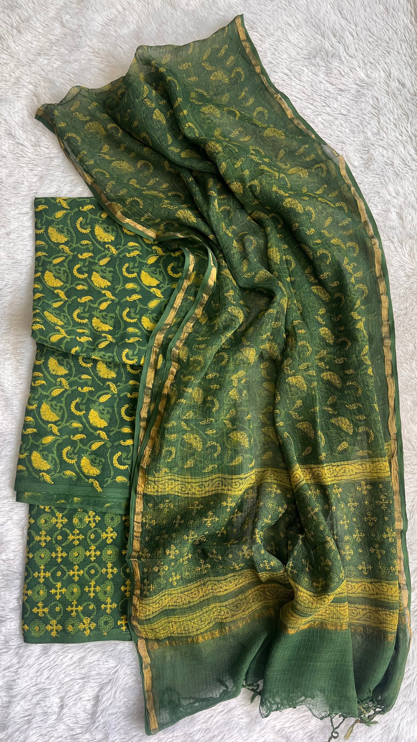 Akola Green and Yellow Flower Boota Pure Cotton Suit Set with Kota Doria Dupatta