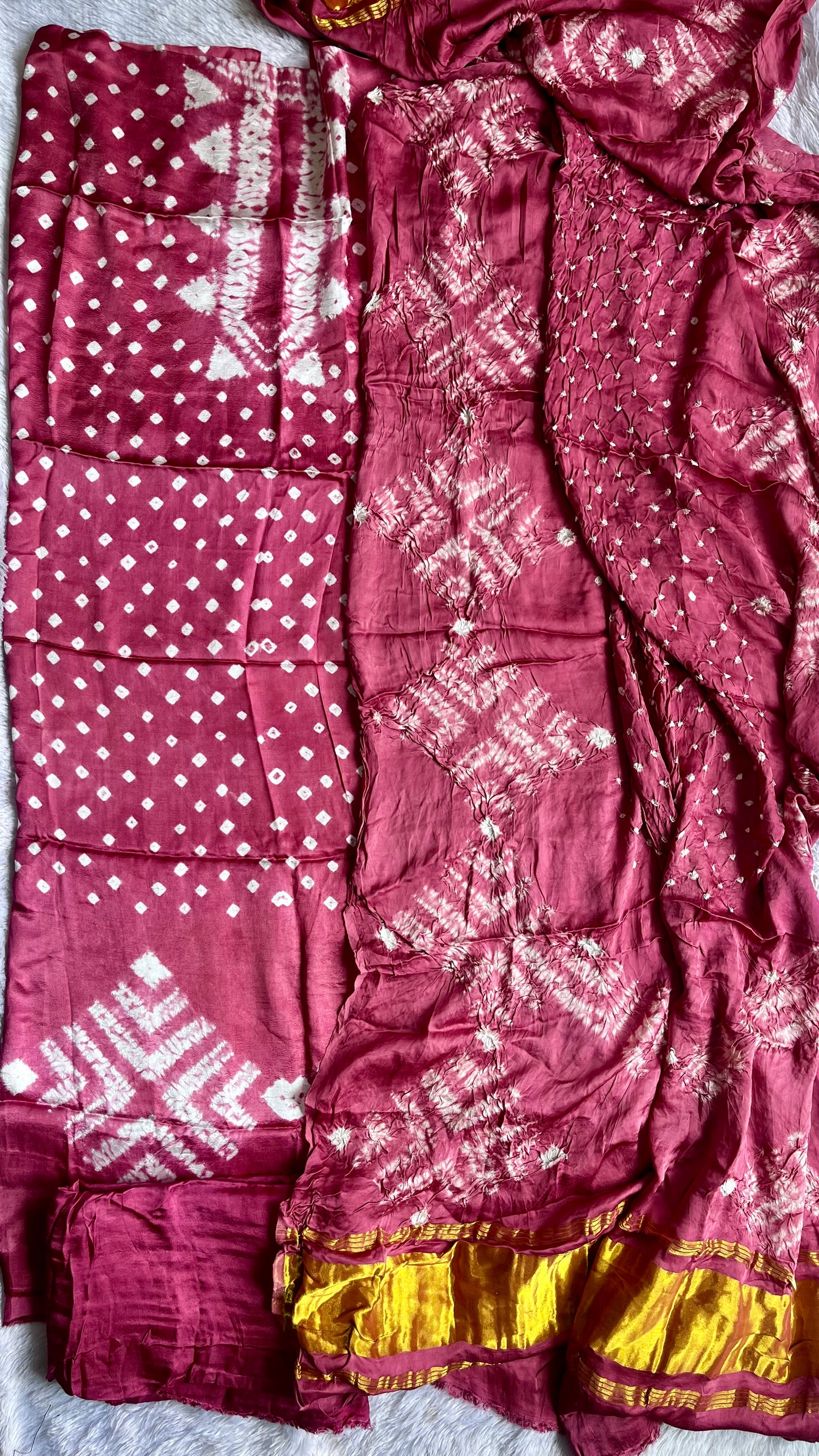 Rose Pink Bandhej Semi Modal Silk 3 pc Suit Set with Lagdi Patti Dupatta