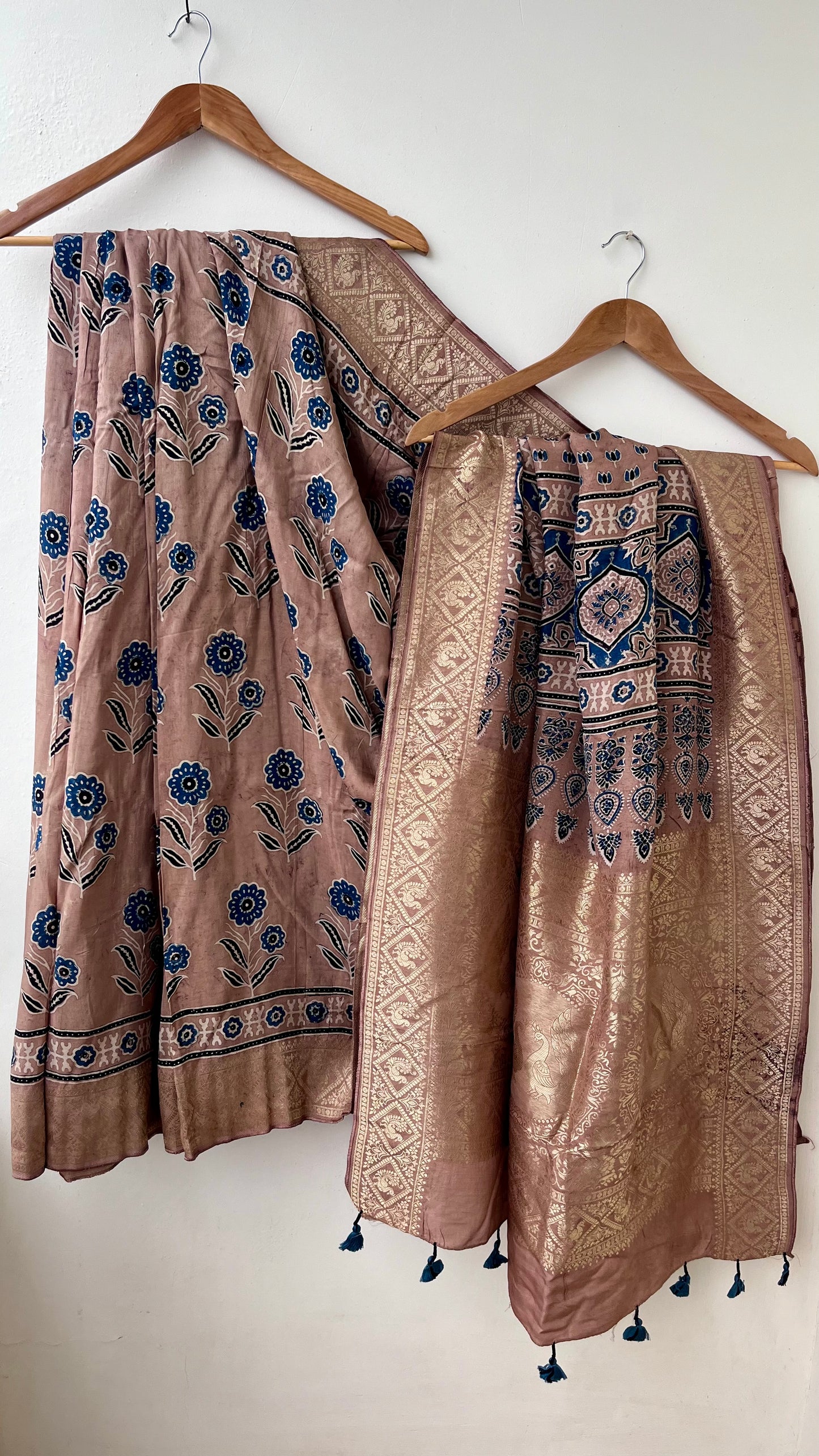 Earthen Shade Flower Buta Motif Ajrakh Hand Block Dola Silk Saree with Zari Pallu (With Blouse)