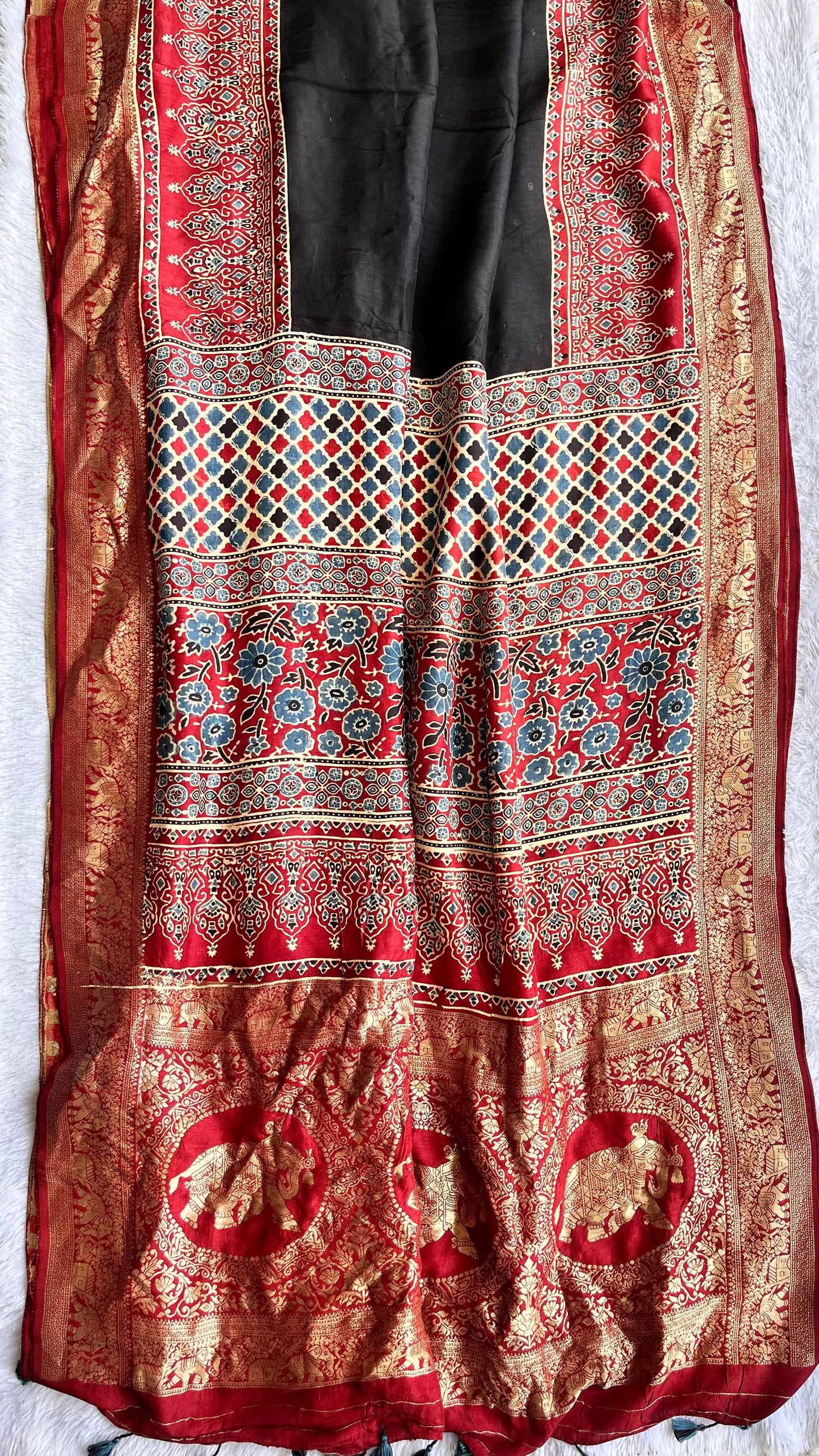 Black and Red Solid Buta Motif Ajrakh Hand Block Dola Silk Saree with Zari Pallu (With Blouse)