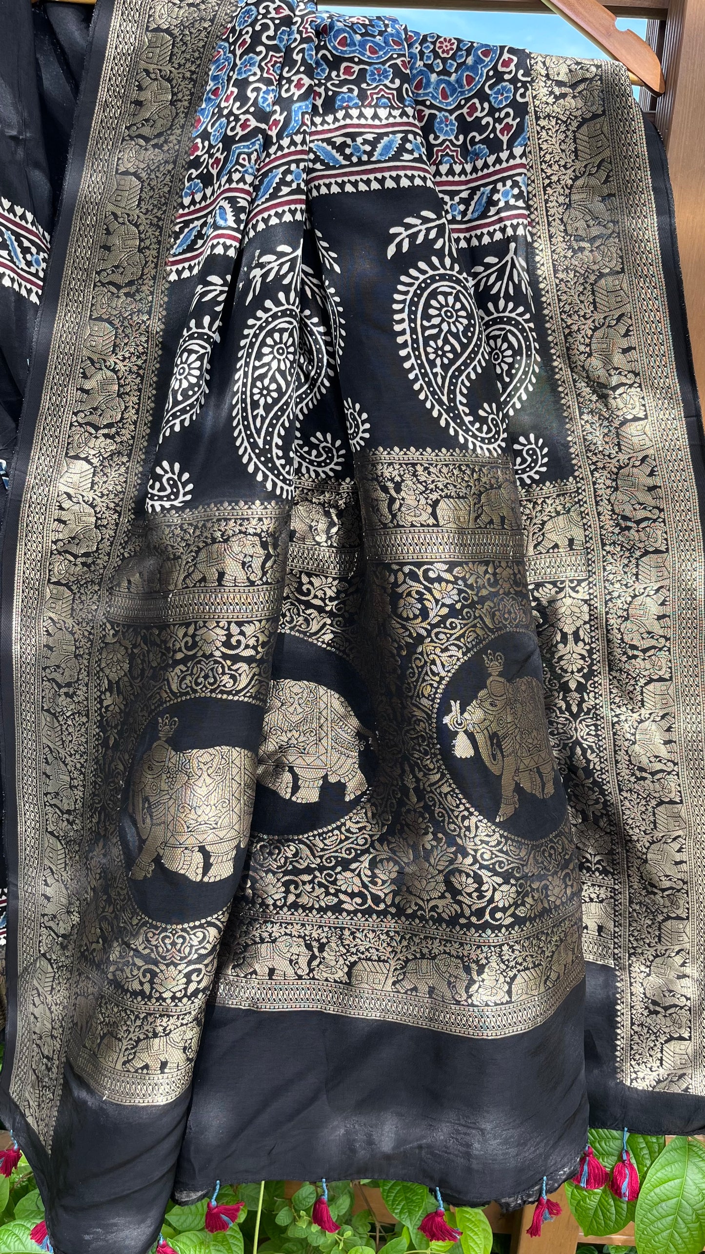 Black Flower Buta Motif Ajrakh Hand Block Dola Silk Saree with Zari Pallu (With Blouse)