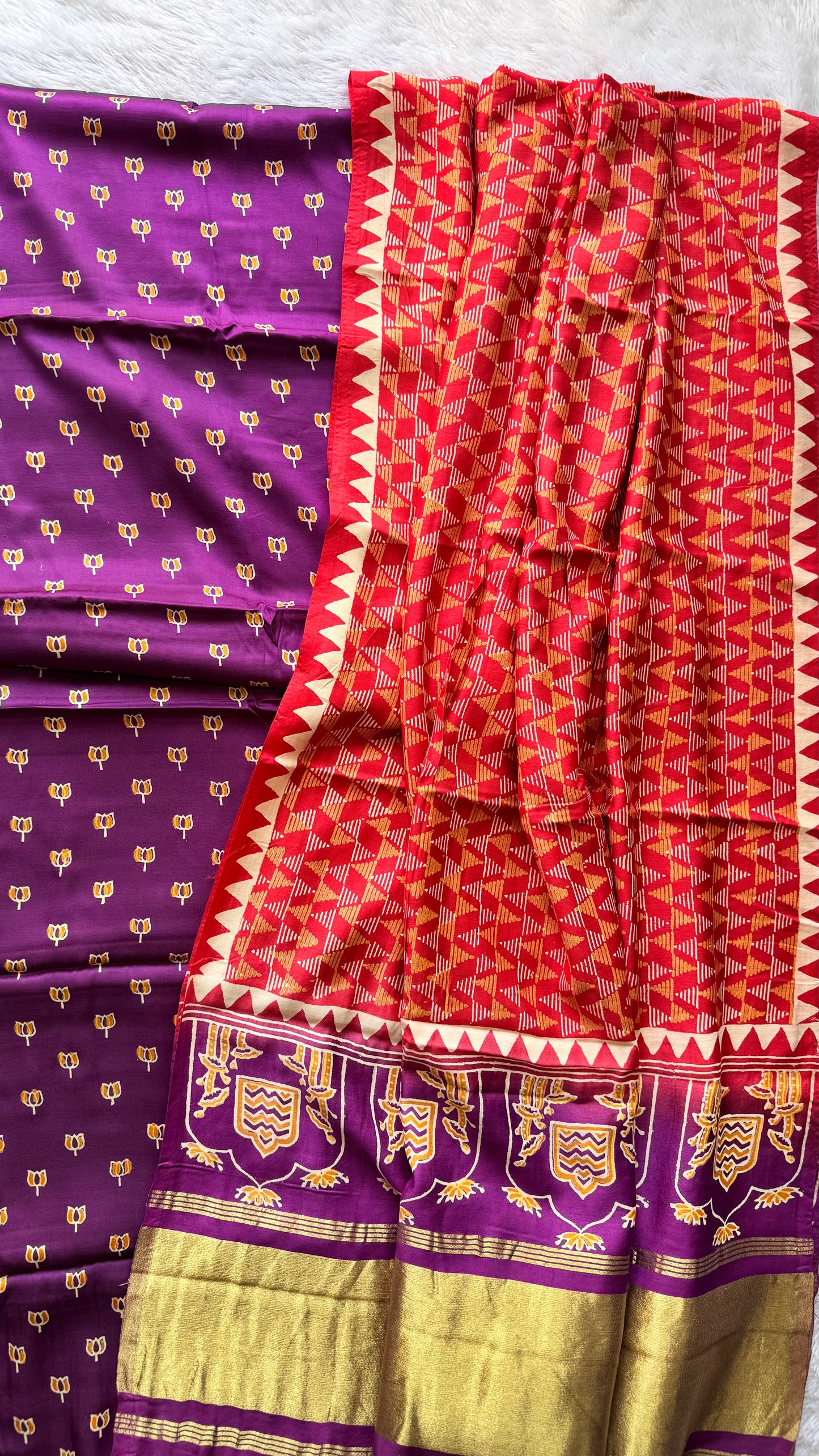 Purple and Orange Kamal Buti Print Modal Silk Ajrakh Hand Block Suit Set with Modal Silk Dupatta
