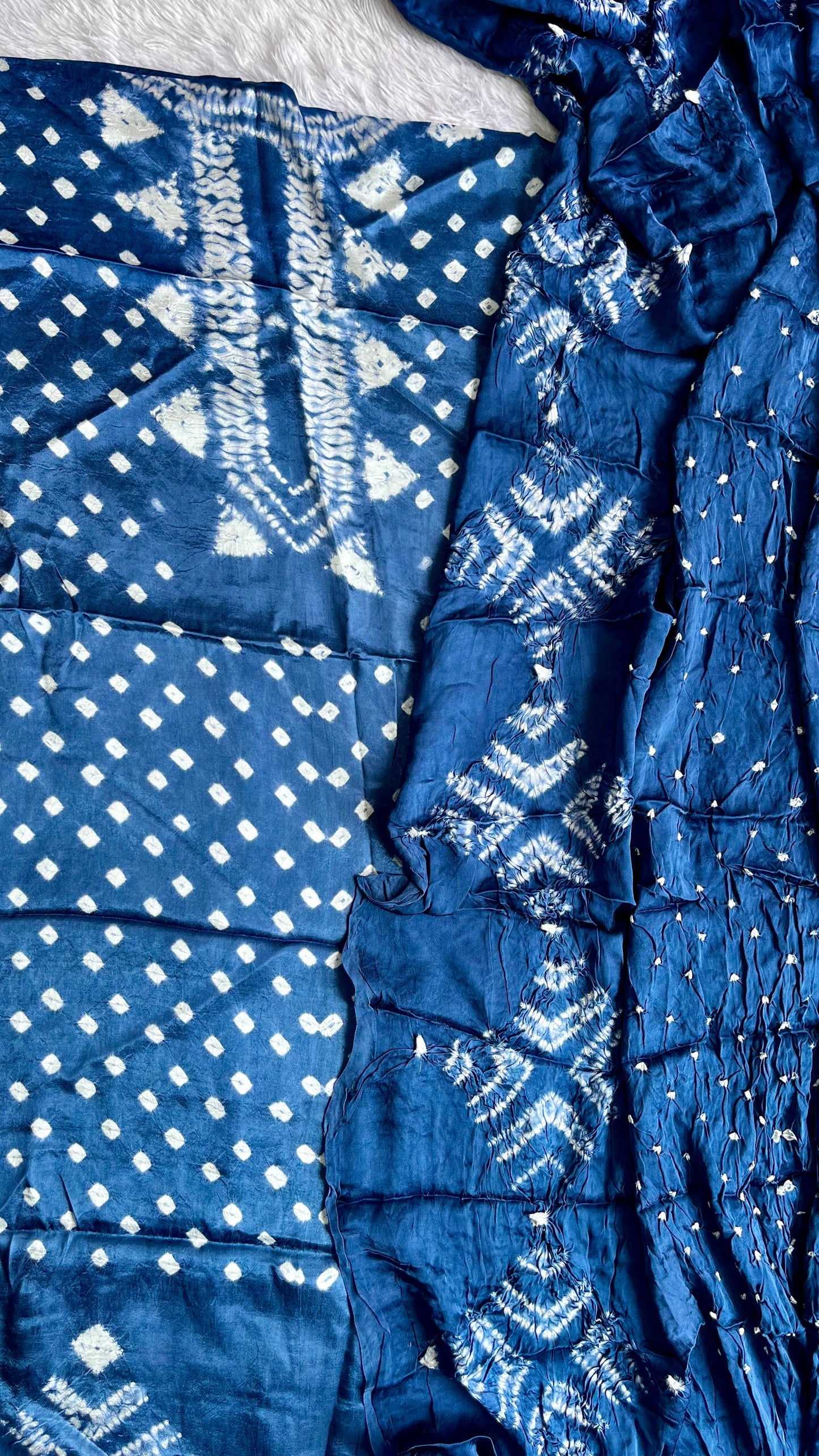 Ink Blue Bandhej Semi Modal Silk 3 pc Suit Set with Lagdi Patti Dupatta