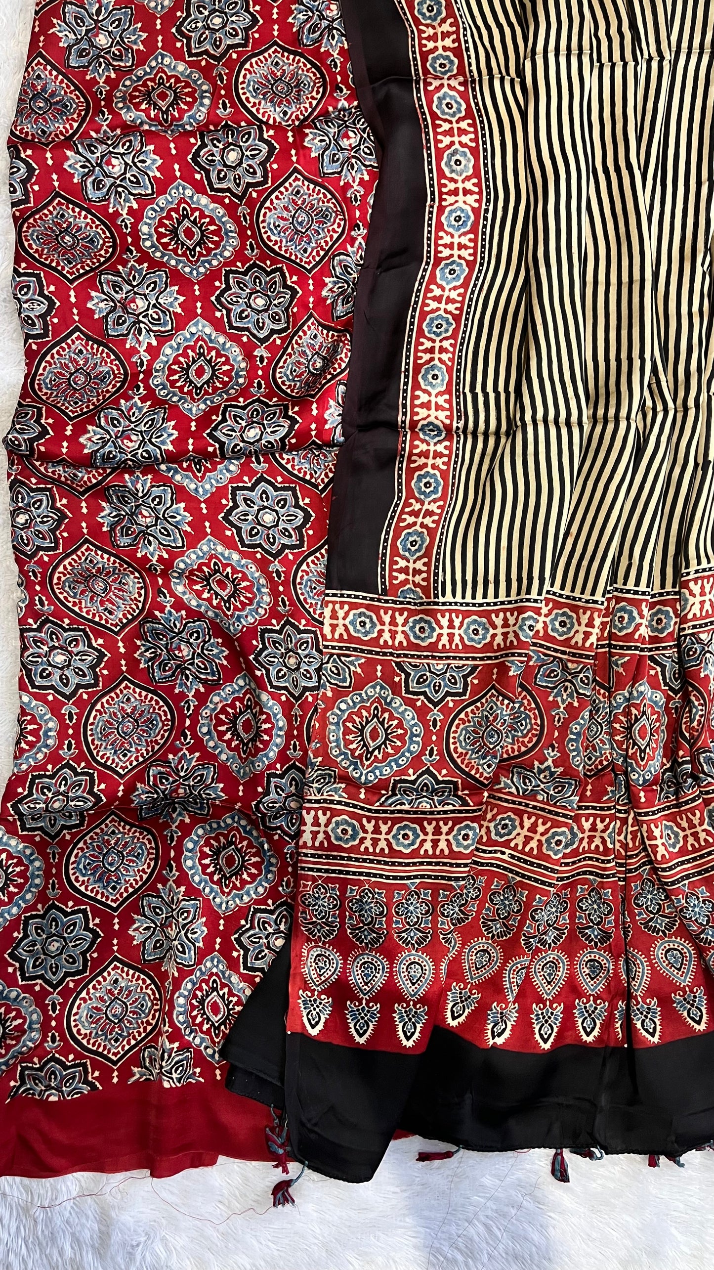 Maddar Red Badaam Buta and Dhaari Natural Print Modal Silk Hand Block Print 2pc Suit Material