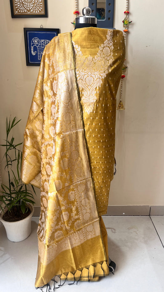 Golden Hour Yellow Shade Banarasi Silk Cotton 3-Piece Suit with Banarasi Woven Yoke & Dupatta