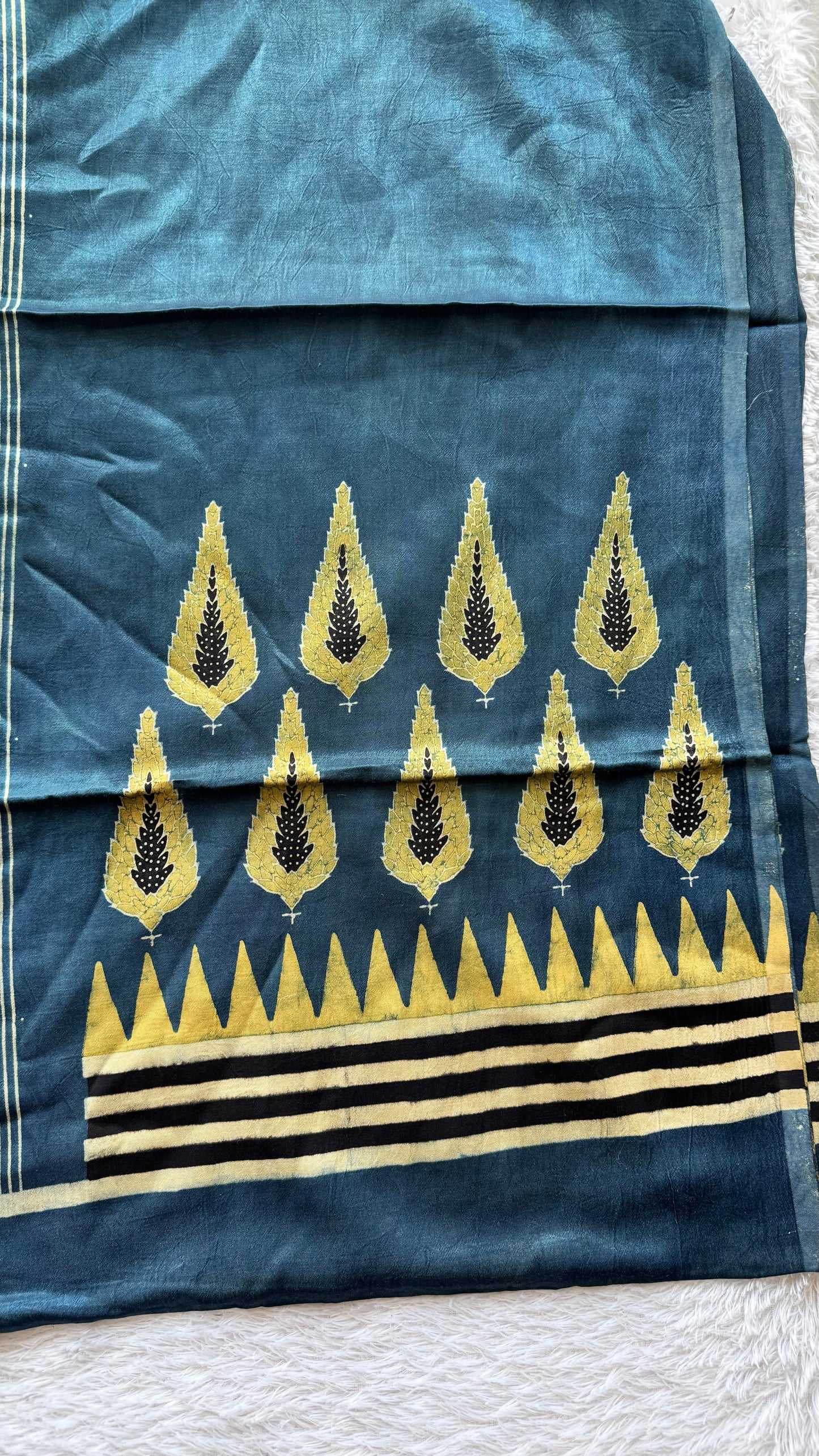 Indigo Asopallav Motif Ajrakh Hand Block Print Mashru Silk 3 pc Suit Material with Modal Silk Dupatta