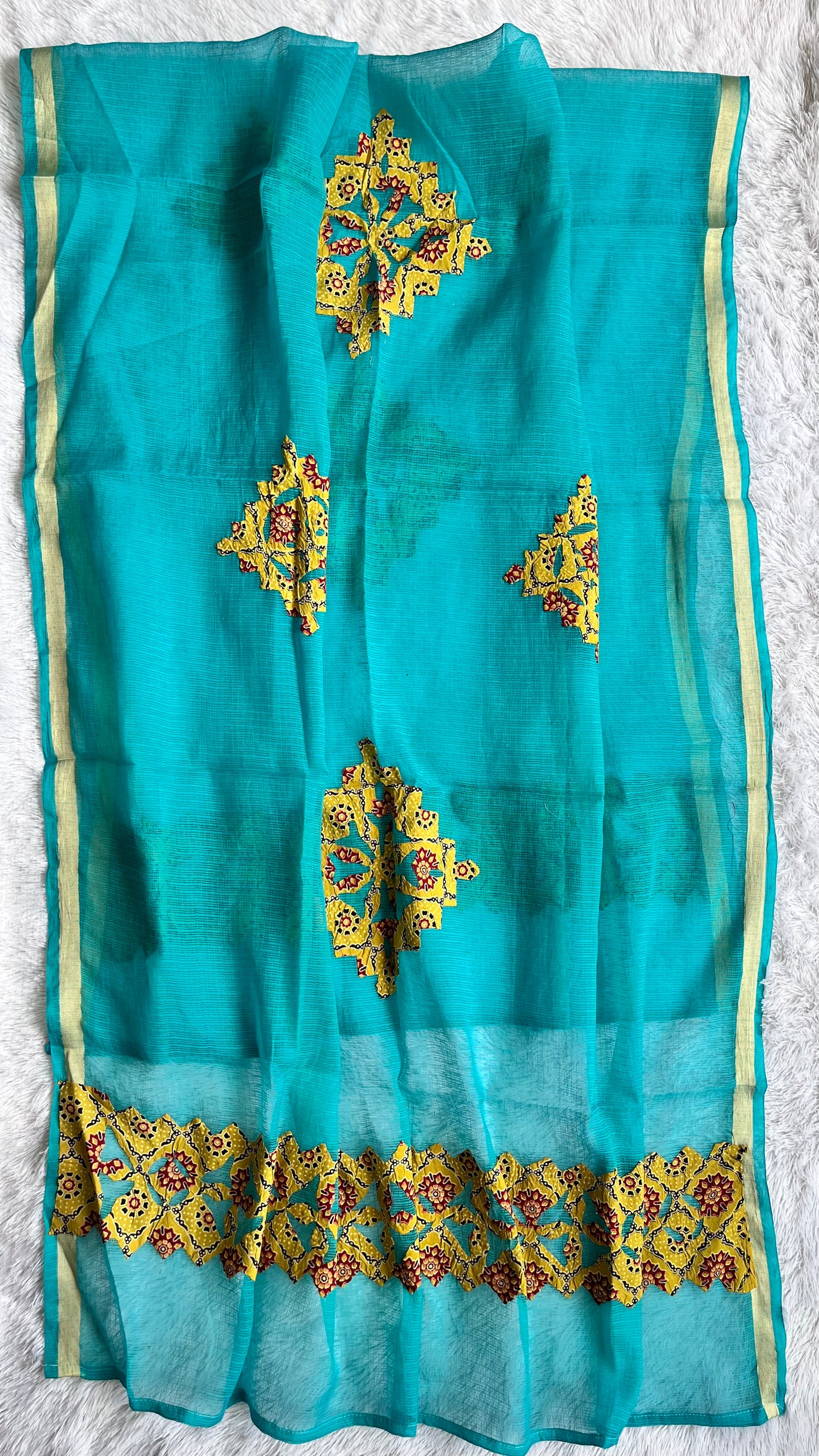 Sky Blue Kota Doria Dupatta with Mustard Ajrakh Applique Patchwork