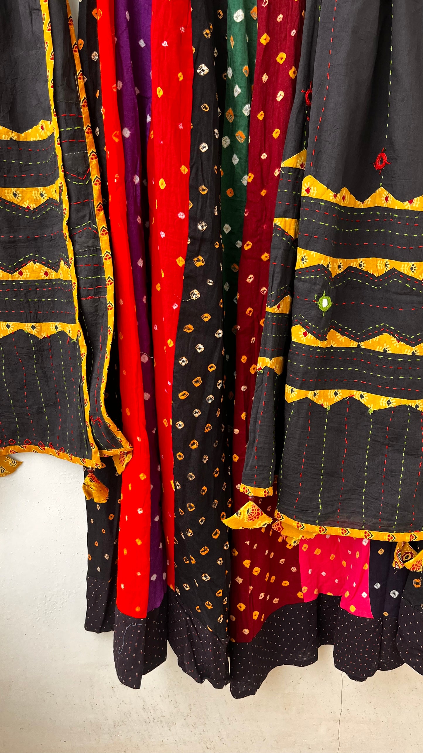Multicolour Gherdaar Kali Cotton Long Flared Skirt with Black Applique Patchwork Dupatta