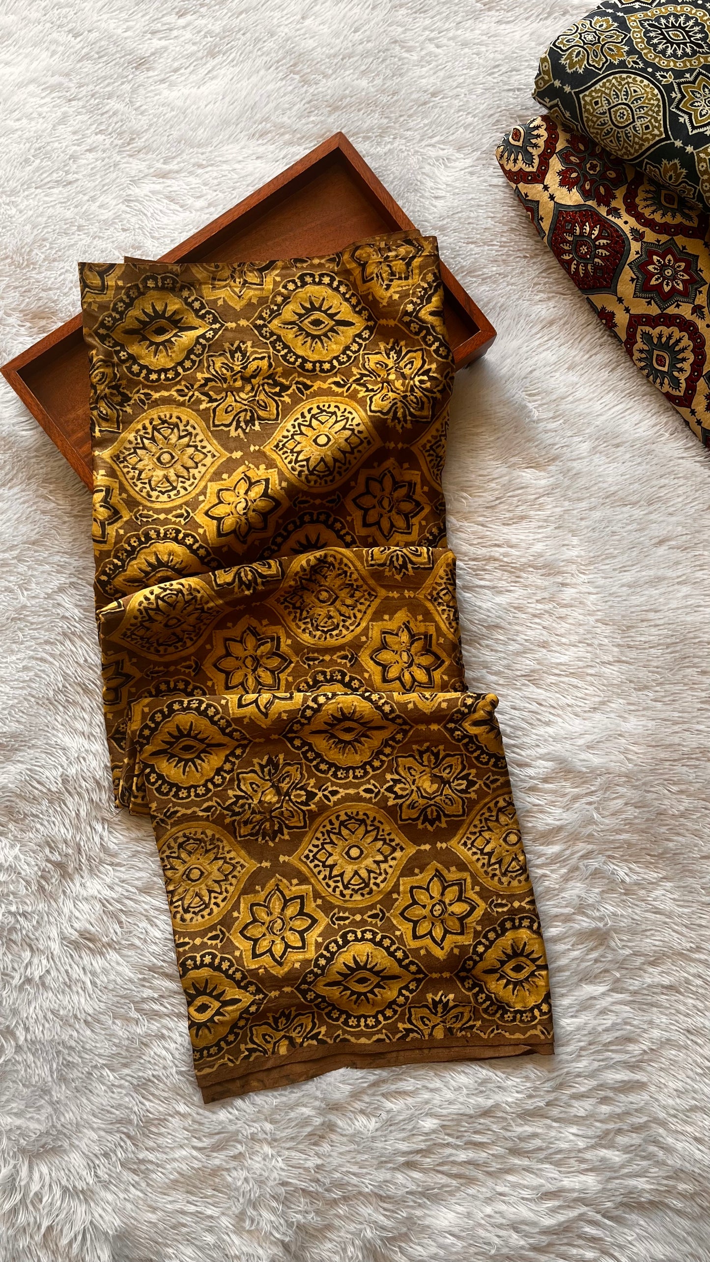 Cut Piece Beige Badaam Boota Motif Ajrakh Mashru Silk Fabric