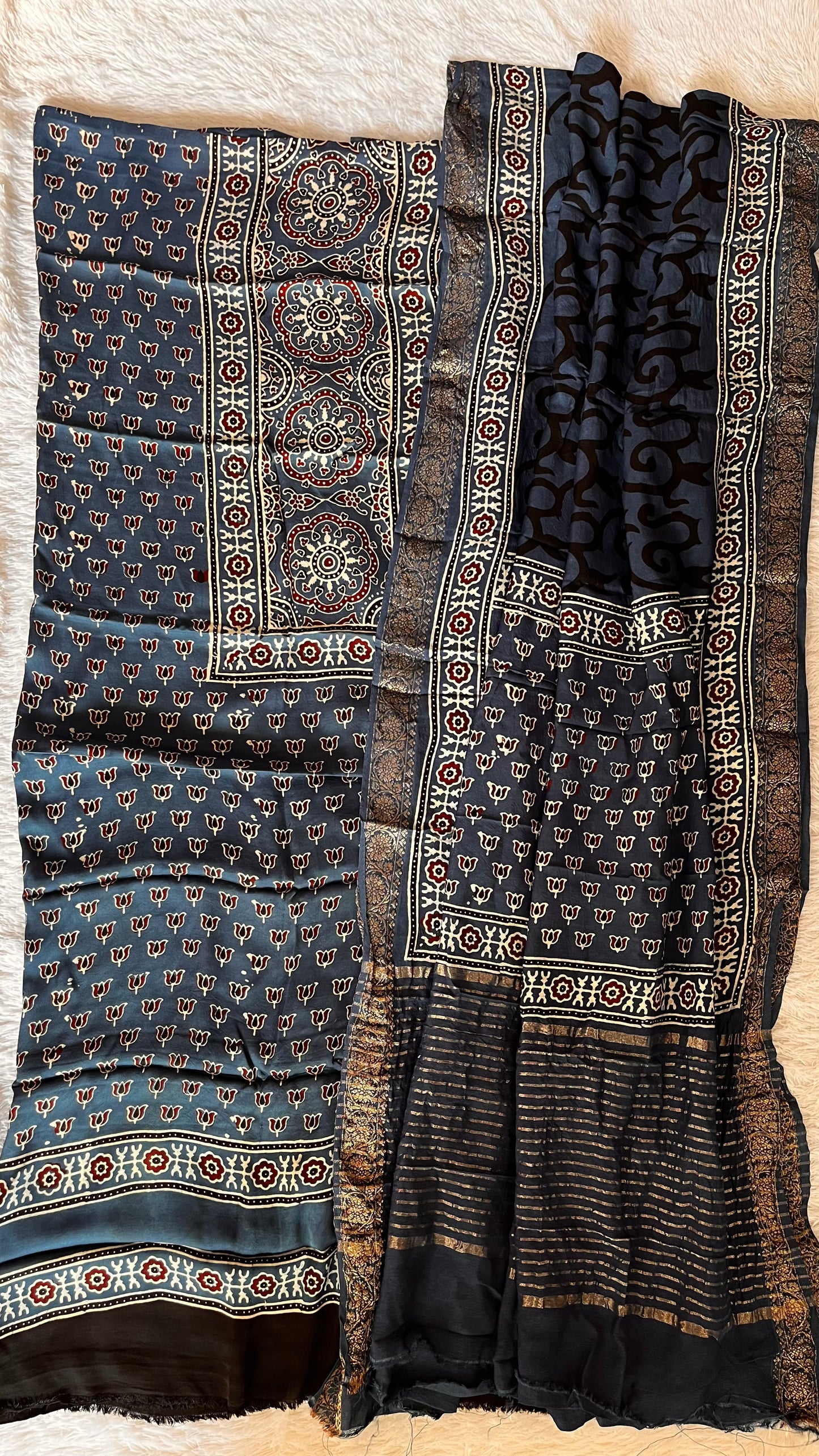 Blue Kamal Buti Ajrakh Pure Modal Silk 2pc Suit Material with Dola Silk Dupatta