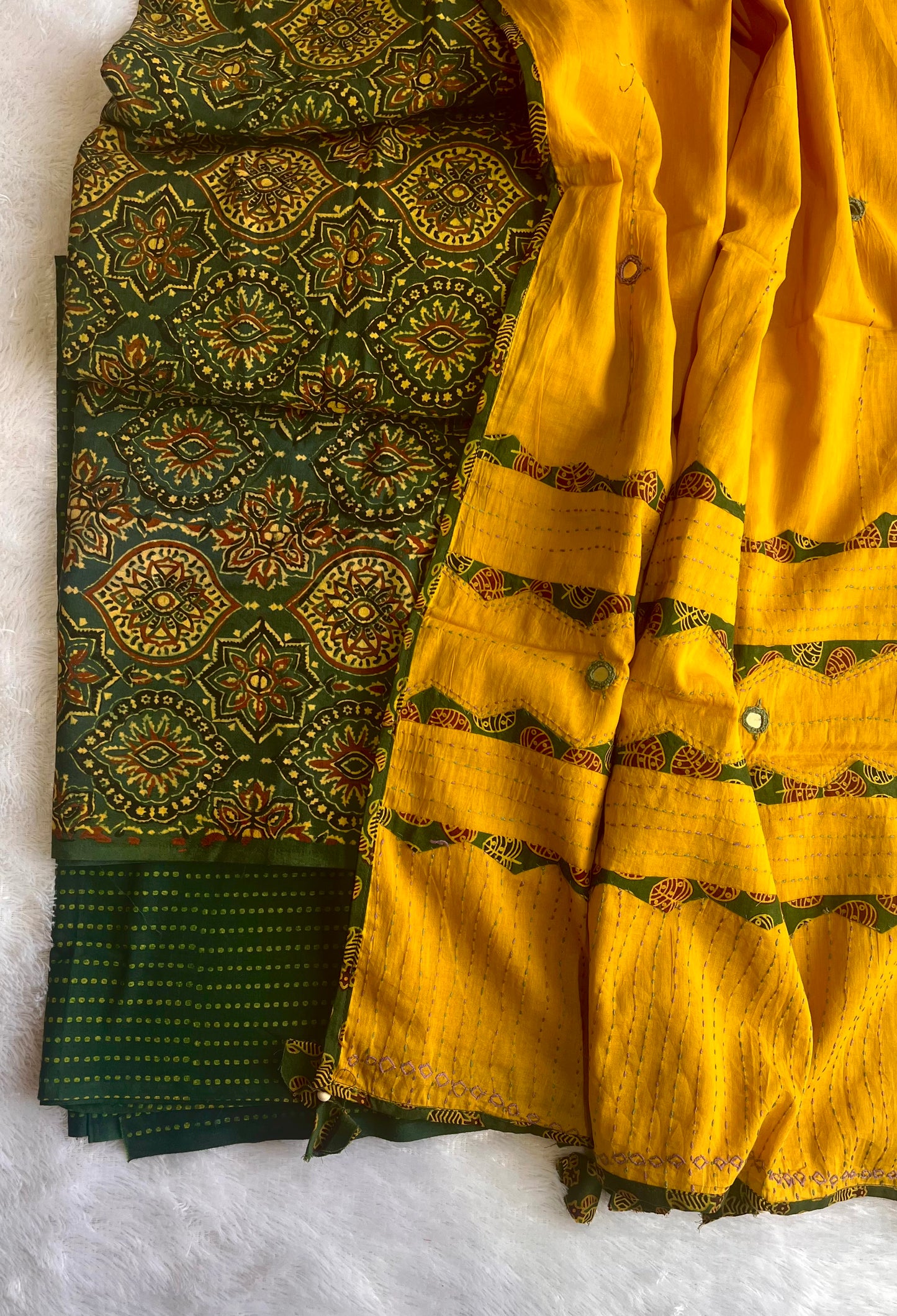 Forest Green Badaam Buti Ajrakh Unstitched Suit Set with Cotton Applique Work Dupatta
